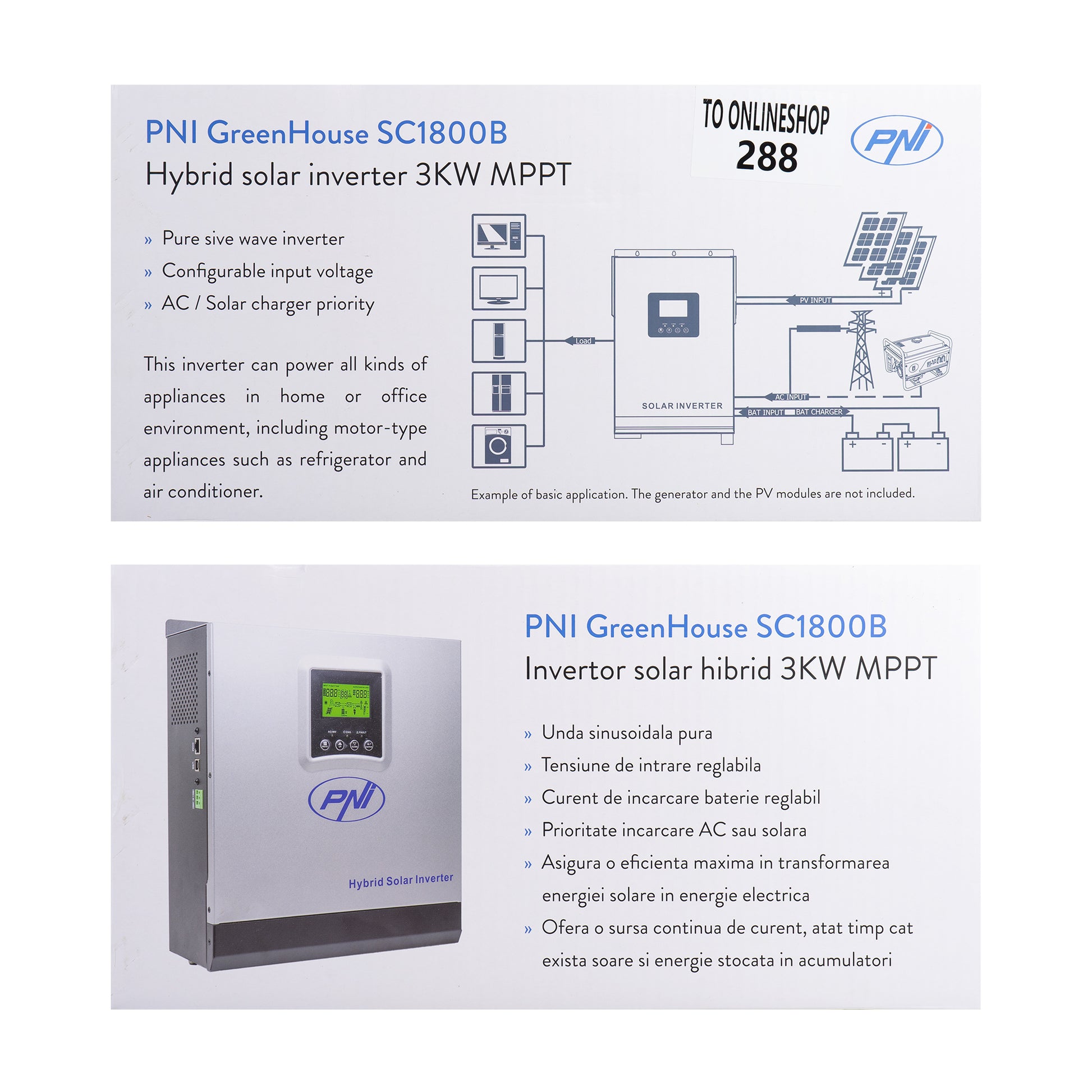 Invertor solar PNI GreenHouse SC1800B 3KW 13A 3000VA, 24V, MPPT 60A, Off Grid Hibrid Sinus pur