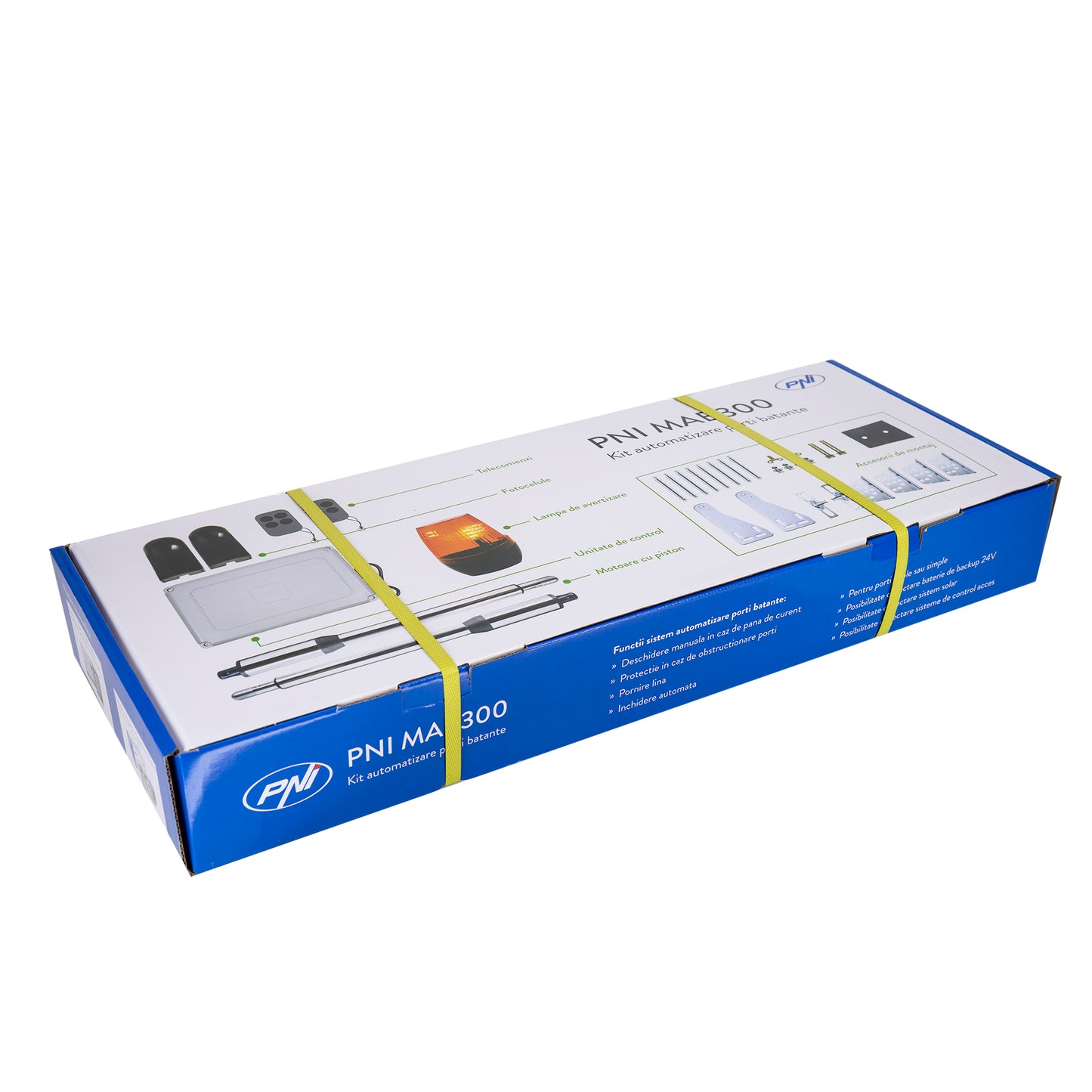 Kit automatizare porti batante PNI MAB300, cu 2 motoare 40W, telecomenzi si panou de control, fotocelule si lampa, lungime poarta 2 x 2.5m max, greutate poarta 200Kg