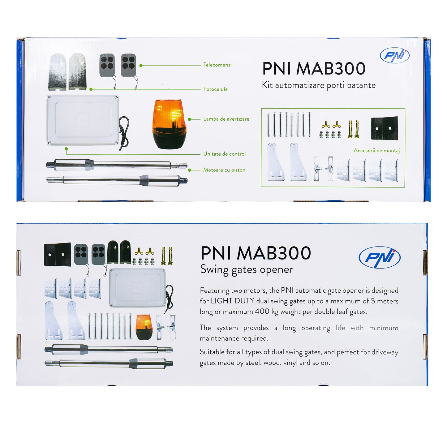 Kit automatizare porti batante PNI MAB300, cu 2 motoare 40W, telecomenzi si panou de control, fotocelule si lampa, lungime poarta 2 x 2.5m max, greutate poarta 200Kg