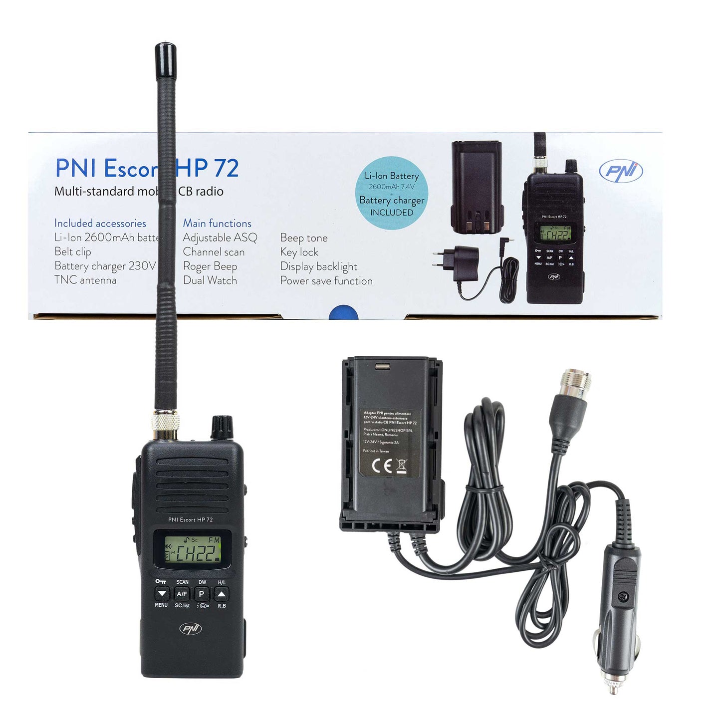 Pachet Statie radio CB PNI Escort HP 72 cu adaptor alimentare 12V-24V si antena exterioara