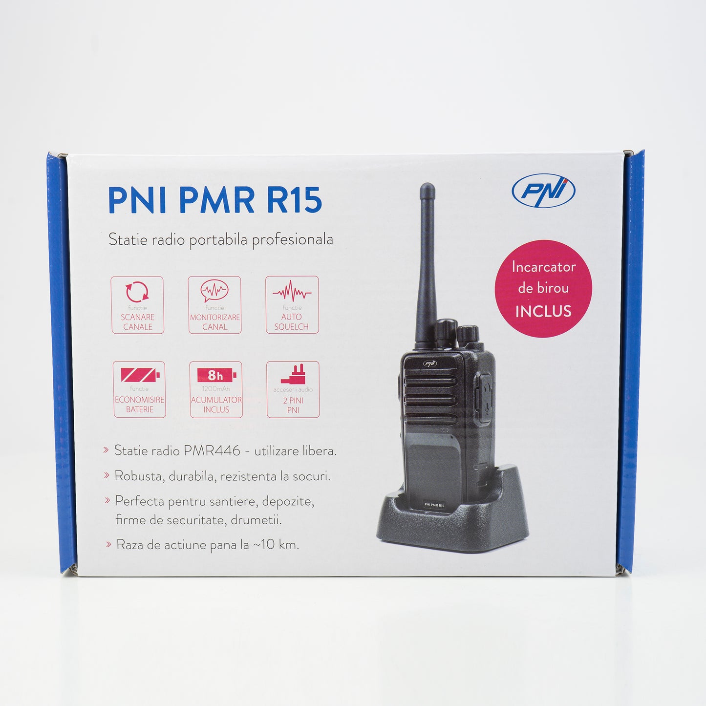 Statie radio portabila profesionala PNI PMR R15 0.5W, 16 canale programabile, 16 PMR si tonuri 50 CTCSS si 104 DCS, ASQ, TOT, monitor, programabila, acumulator 1200mAh