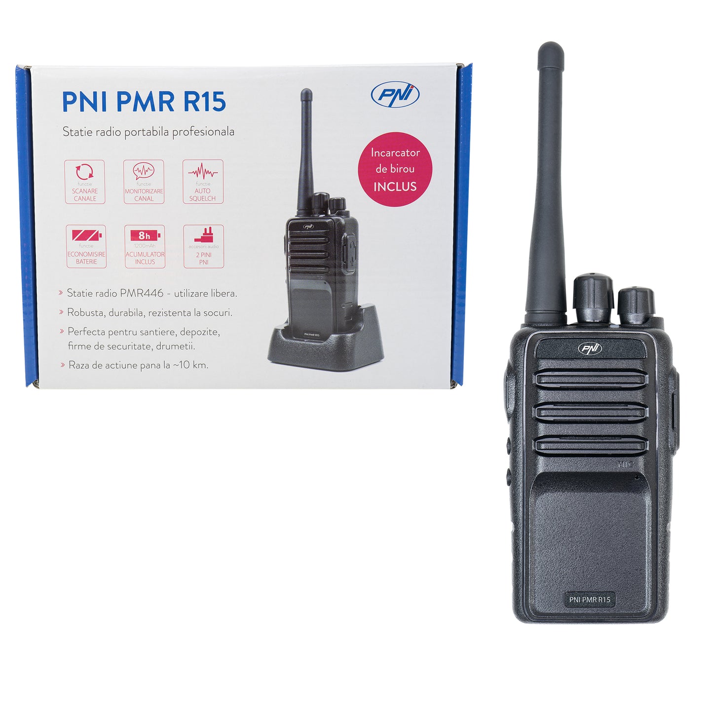 Statie radio portabila profesionala PNI PMR R15 0.5W, 16 canale programabile, 16 PMR si tonuri 50 CTCSS si 104 DCS, ASQ, TOT, monitor, programabila, acumulator 1200mAh
