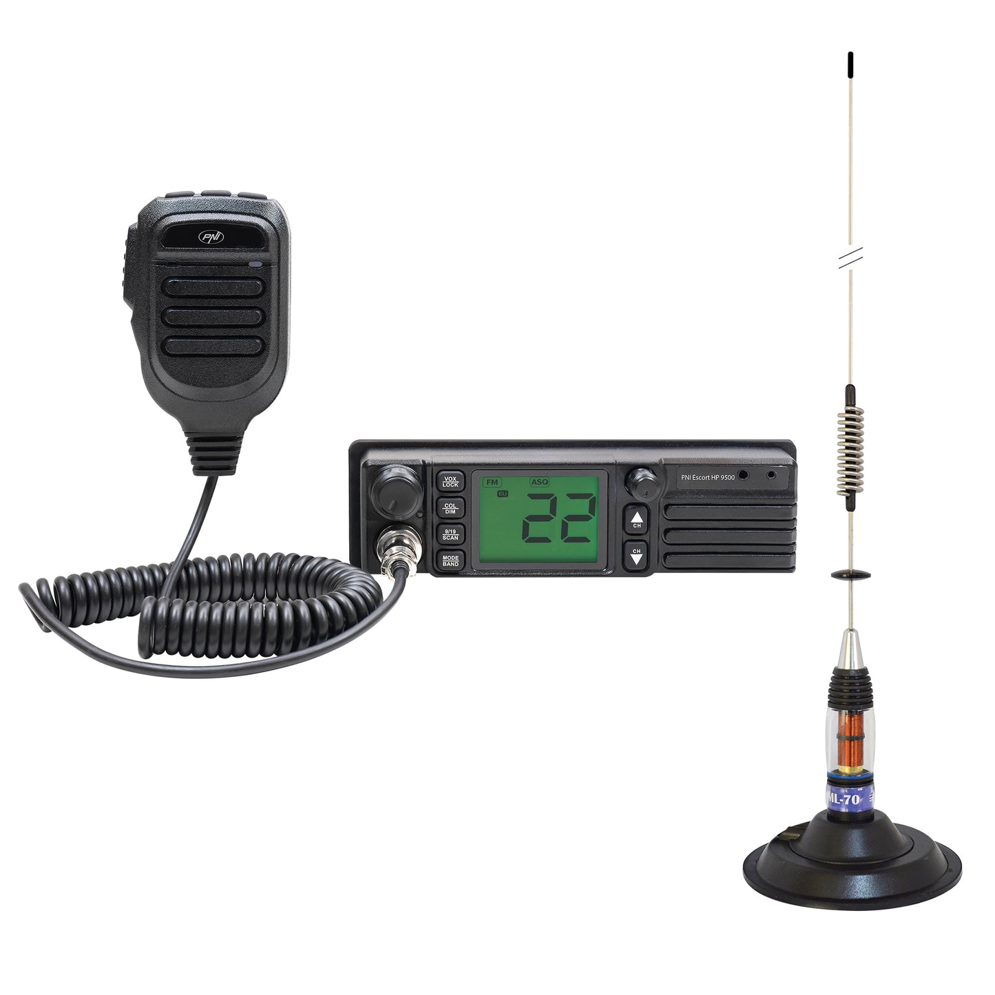 Pachet Statie radio CB PNI Escort HP 9500, ASQ, 12-24V + Antena CB PNI ML70, 70 cm cu baza magnetica 145 mm inclusa