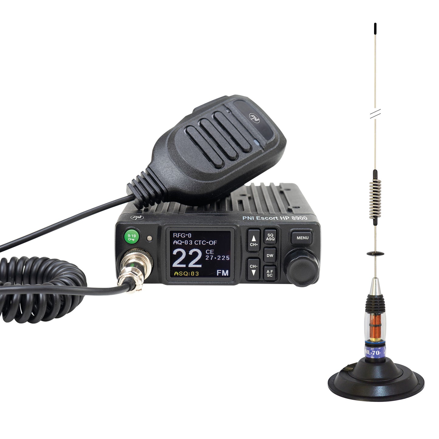 Pachet Statie radio CB PNI Escort HP 8900 ASQ, 12-24V + Antena CB PNI ML70, 70 cm cu baza magnetica 145 mm inclusa