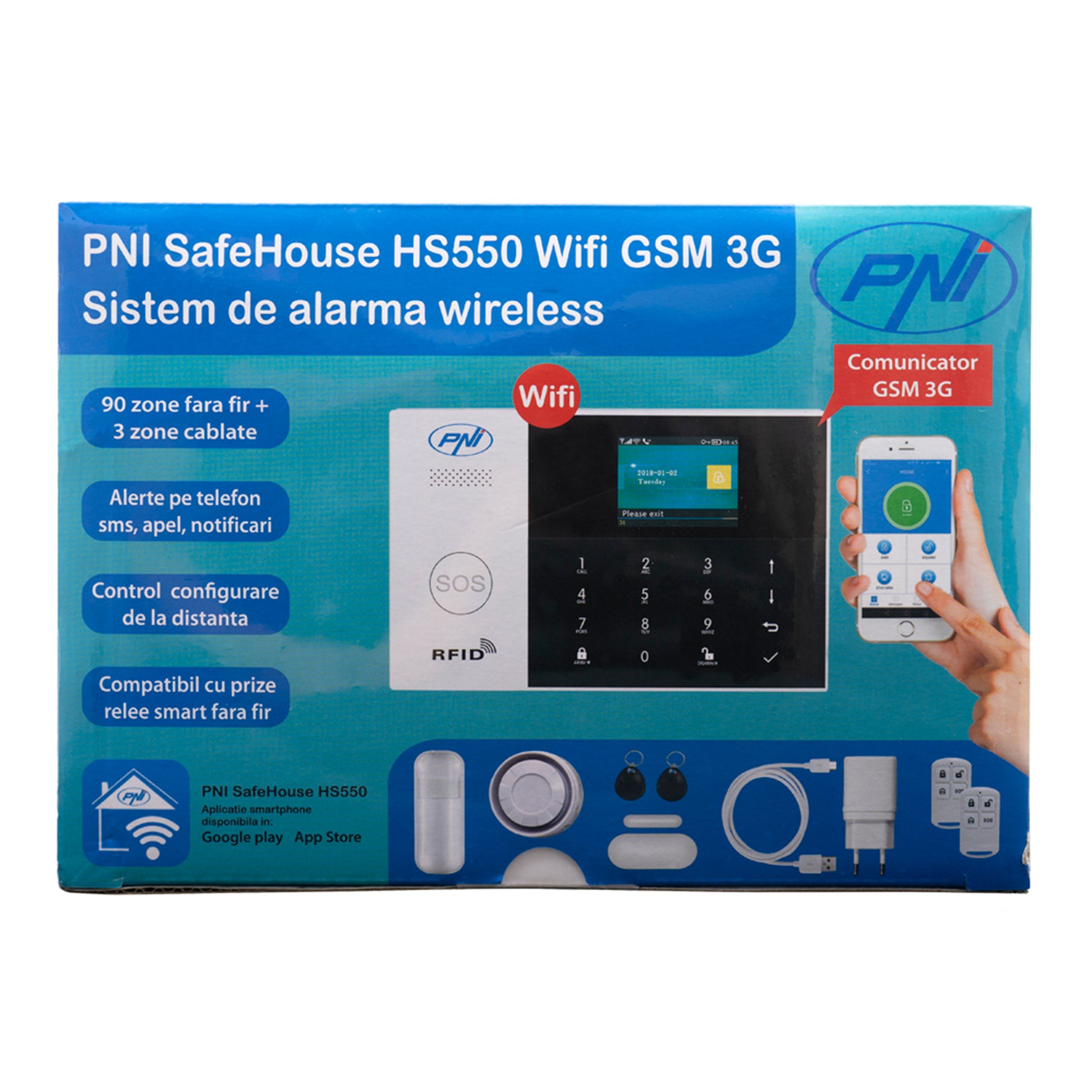 Kit Sistem de alarma wireless PNI SafeHouse HS550 Wifi GSM 3G si 3 senzori de miscare HS003 suplimentari