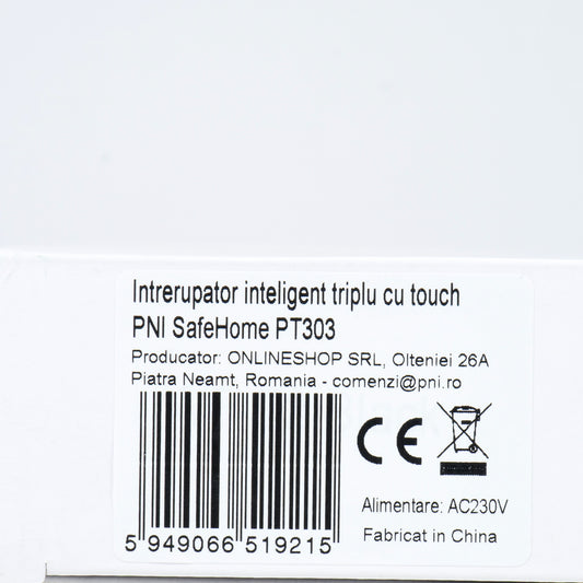 Intrerupator inteligent triplu cu touch PNI SafeHome PT303 WiFi, 10A, comanda prin internet, aplicatie de mobil Tuya Smart, integrare in scenarii si automatizari smart cu alte produse compatibile Tuya, Alexa si Google Assistant