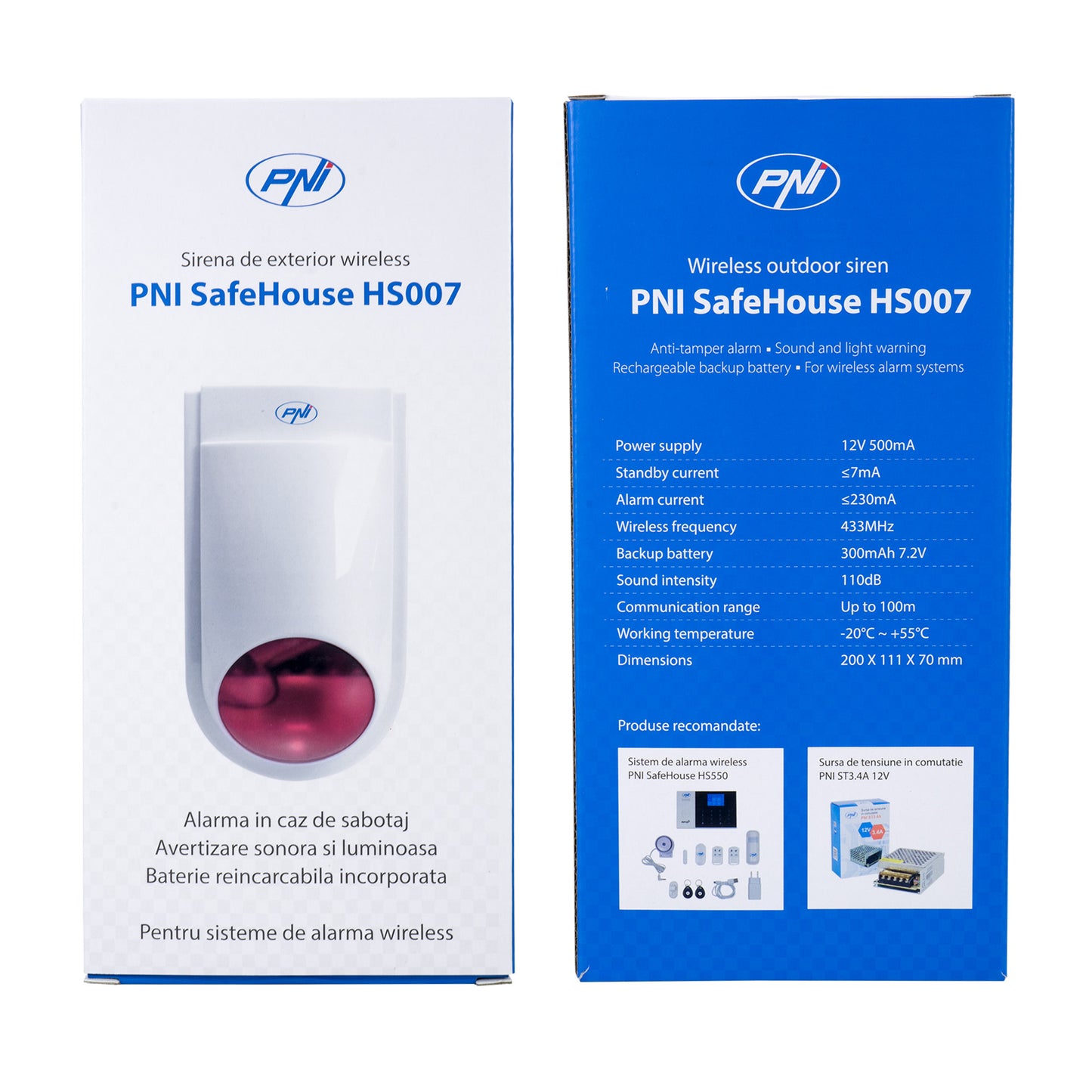 Sirena de exterior wireless PNI SafeHouse HS007, 110dB cu acumulator pentru sistemul de alarma wireless PNI SafeHouse PNI HS600 si HS650