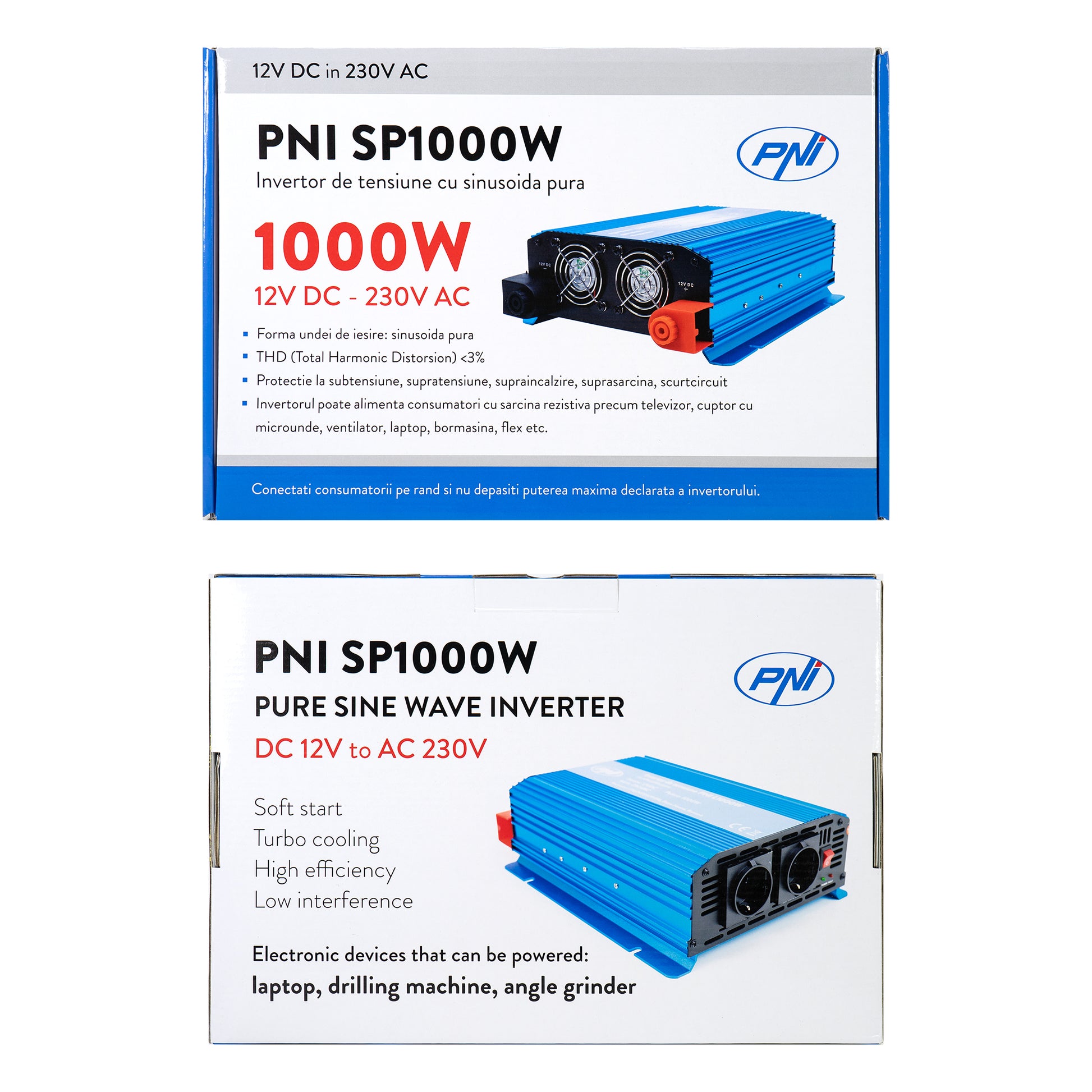 Invertor de tensiune PNI SP1000W cu sinusoida pura, alimentare 12V sinus pur