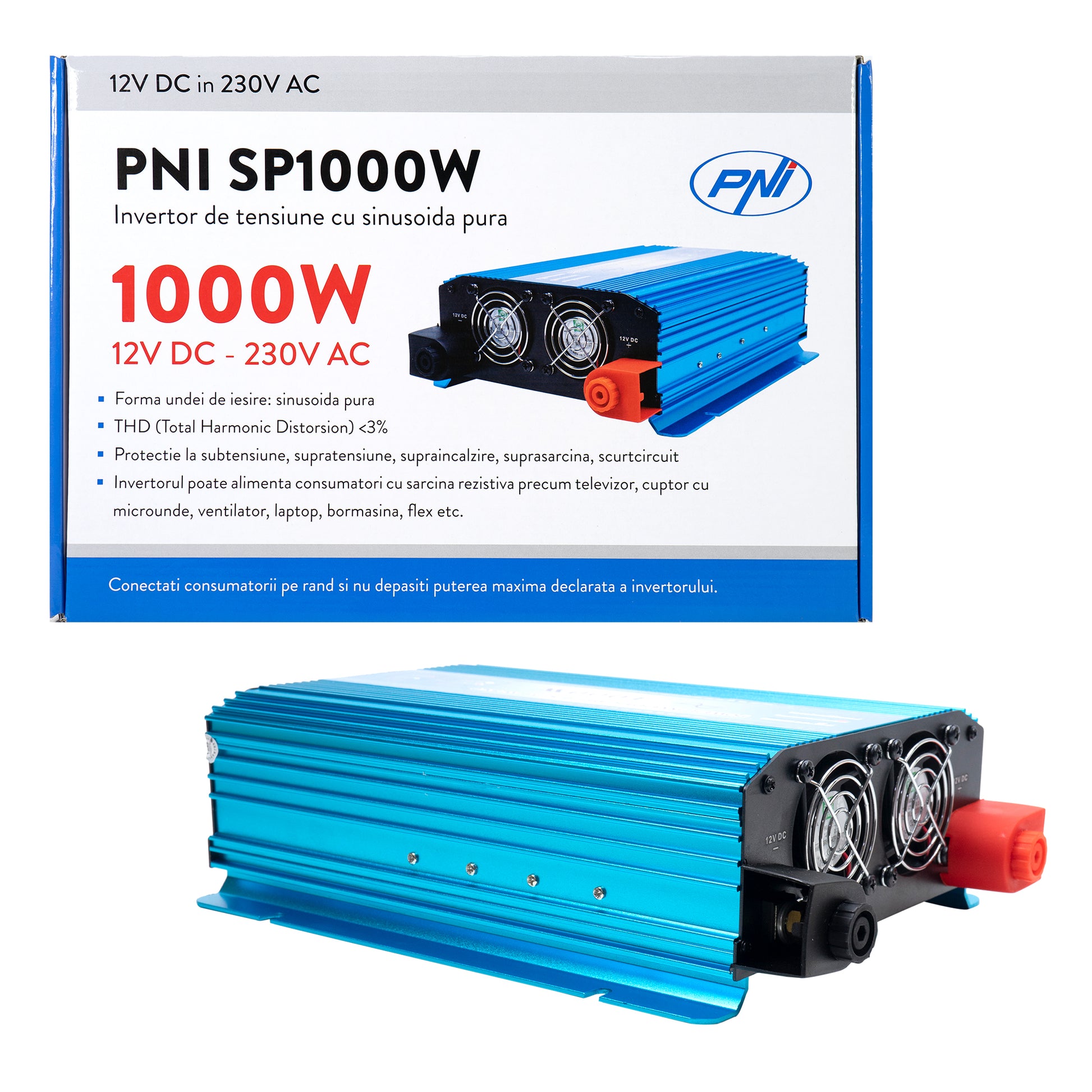 Invertor de tensiune PNI SP1000W cu sinusoida pura, alimentare 12V sinus pur