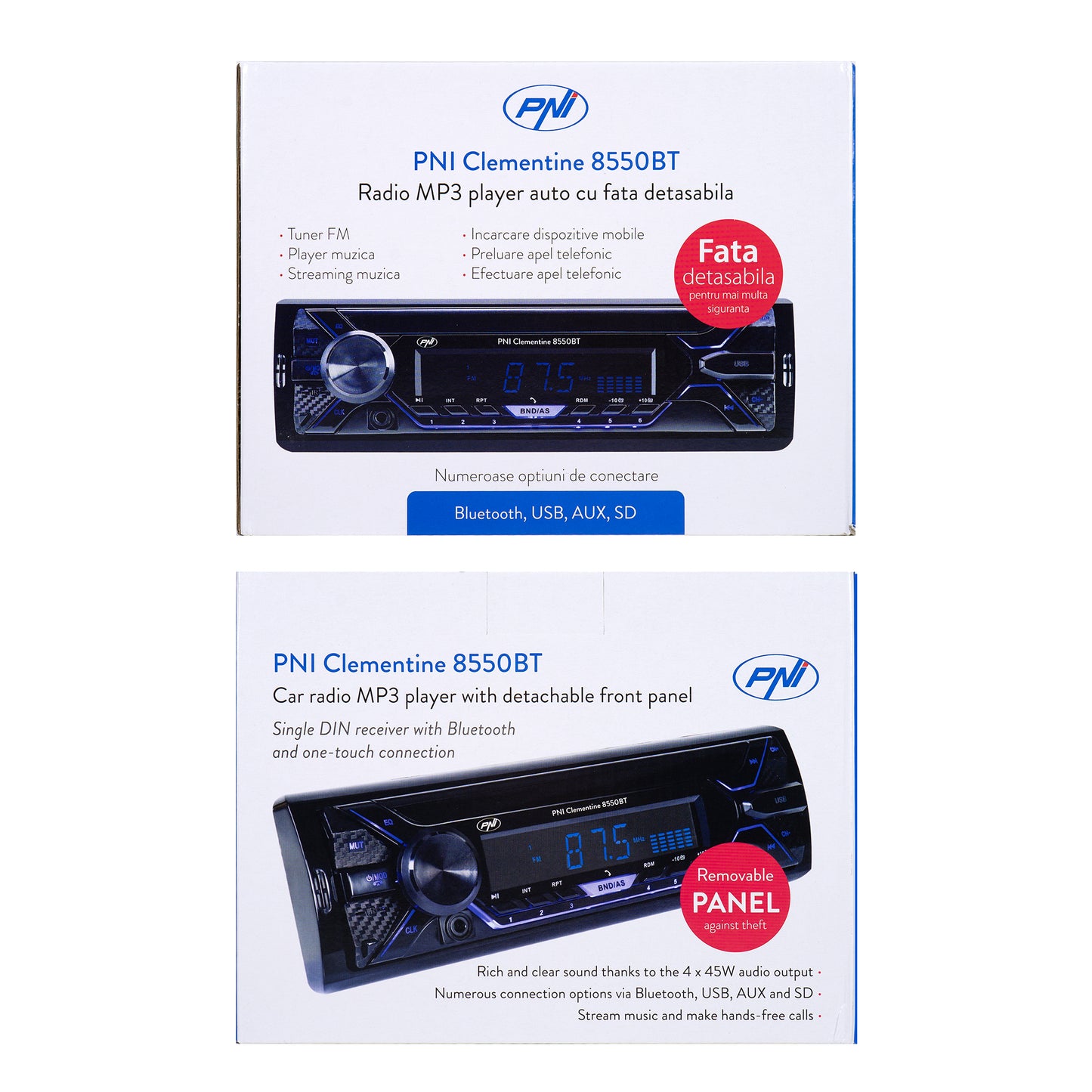 Radio MP3 player auto PNI Clementine 8550BT, fata detasabila, 4x45w, 12V, 1 DIN, cu SD, USB, AUX, RCA