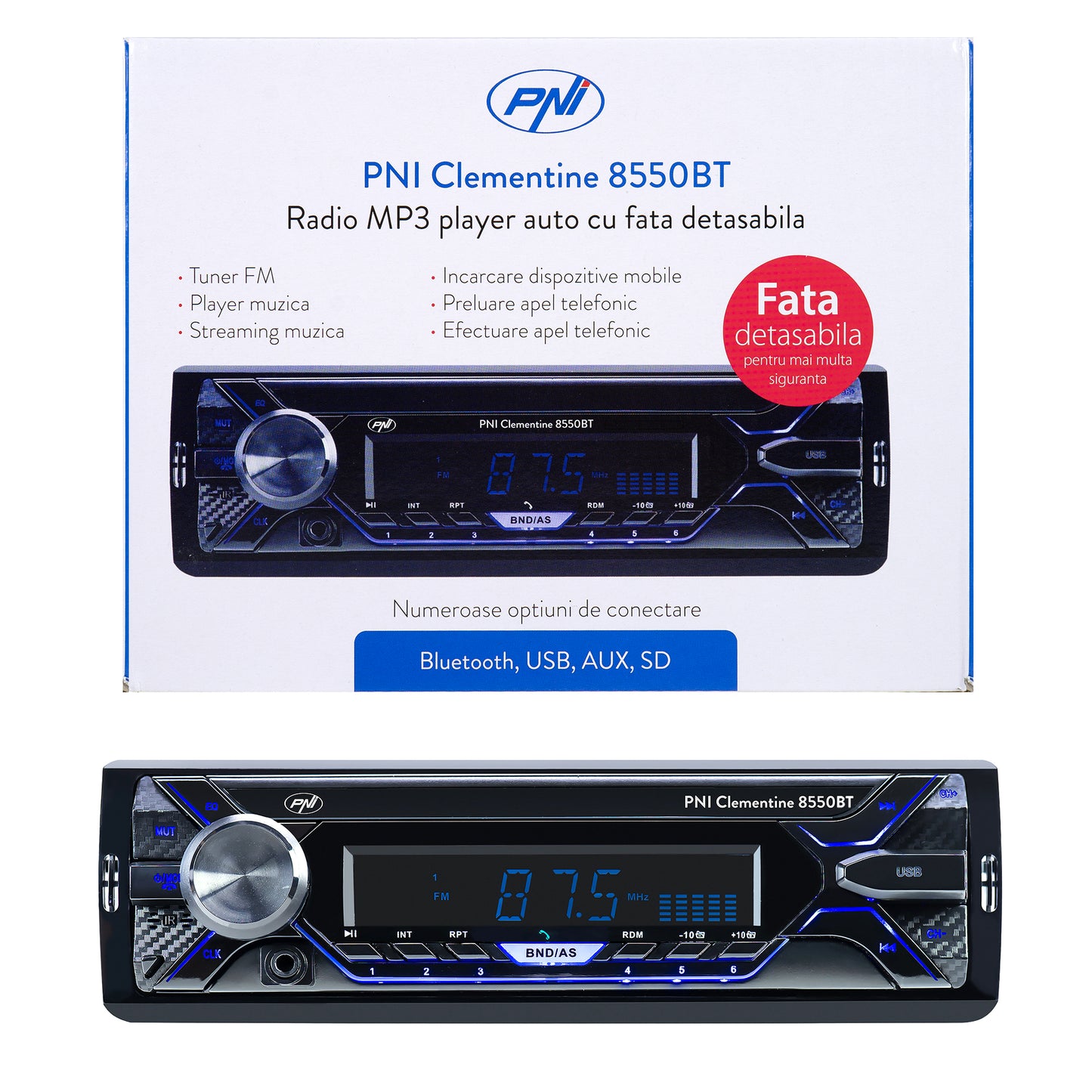 Radio MP3 player auto PNI Clementine 8550BT, fata detasabila, 4x45w, 12V, 1 DIN, cu SD, USB, AUX, RCA