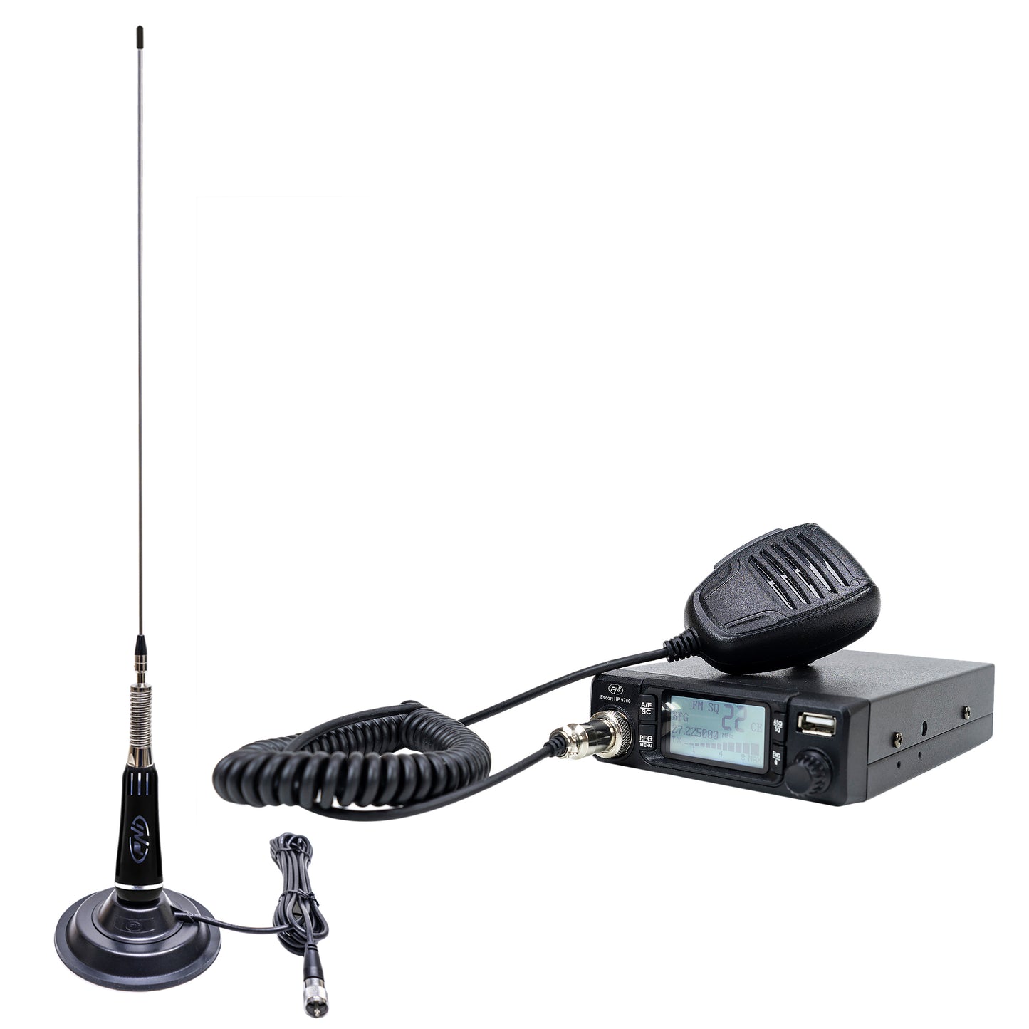 Pachet Statie radio CB PNI Escort HP 9700 USB si Antena CB PNI LED 2000 cu baza magnetica, alimentare 12V / 24V, mufa de bricheta inclusa, ASQ 5 niveluri