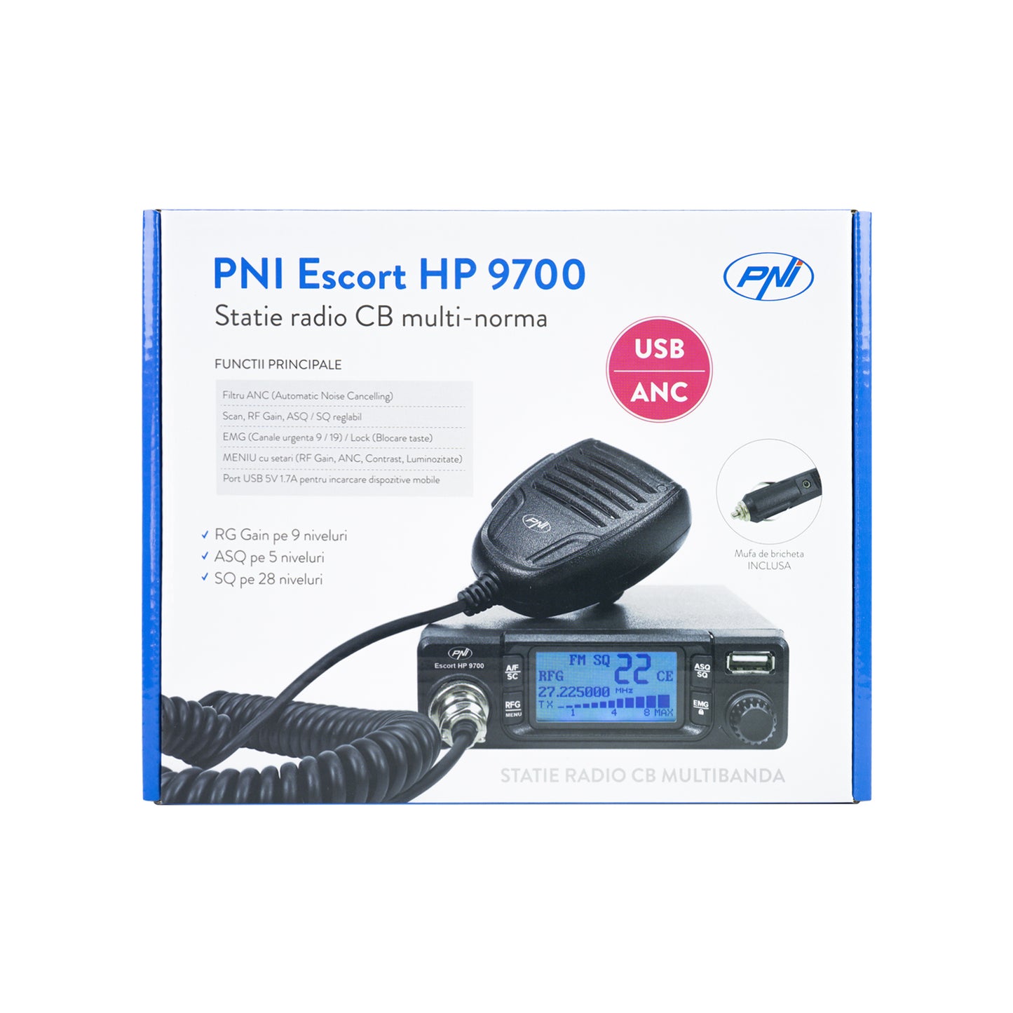 Pachet Statie radio CB PNI Escort HP 9700 USB si Antena CB PNI LED 2000 cu baza magnetica, alimentare 12V / 24V, mufa de bricheta inclusa, ASQ 5 niveluri