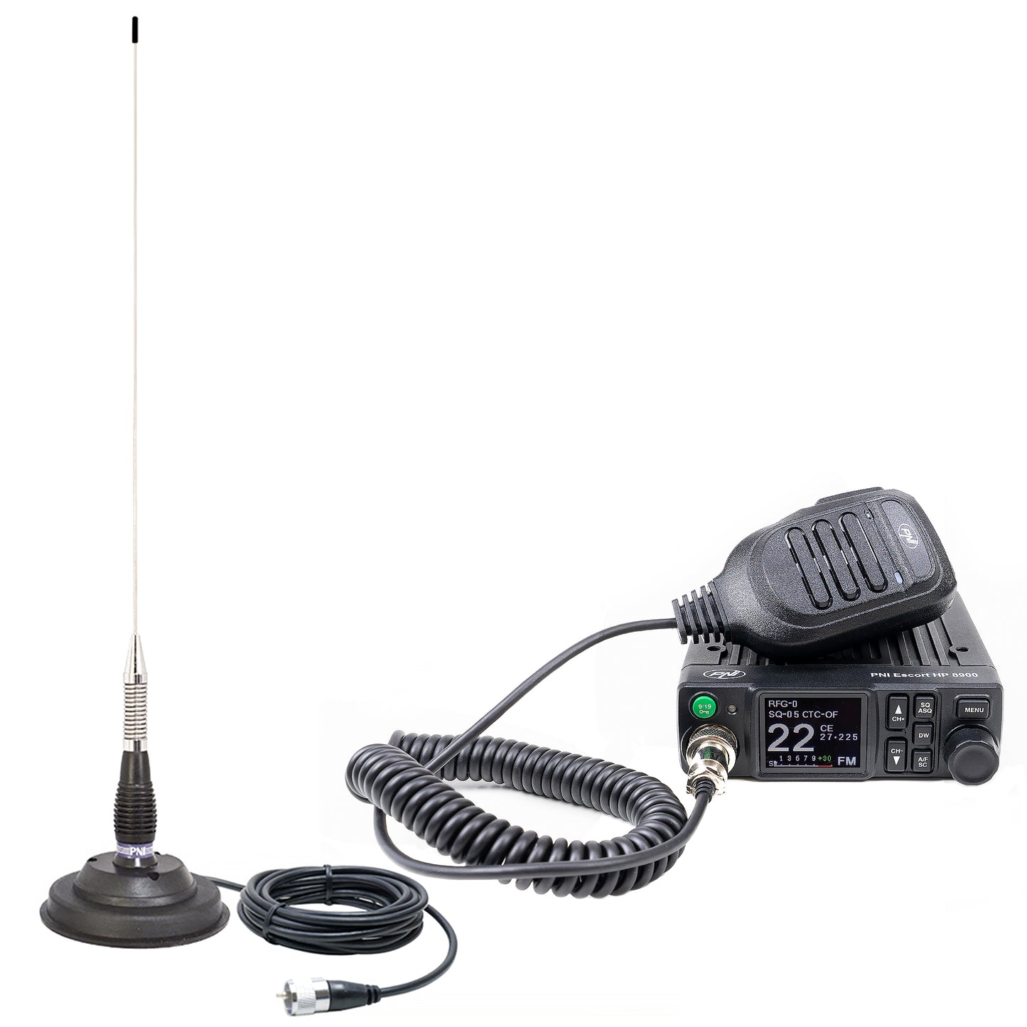 Pachet Statie radio CB PNI Escort HP 8900 ASQ, 12-24V + Antena CB PNI ML100 cu baza magnetica, alimentare 12V/24V, RF Gain, Roger Beep, CTCSS-DCS, Dual Watch