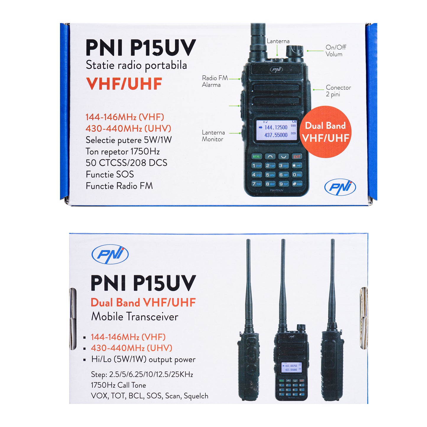 Statie radio portabila VHF/UHF PNI P15UV dual band, 144-146MHz/430-440Mhz, 999CH, cu acumulator 1500 mAh