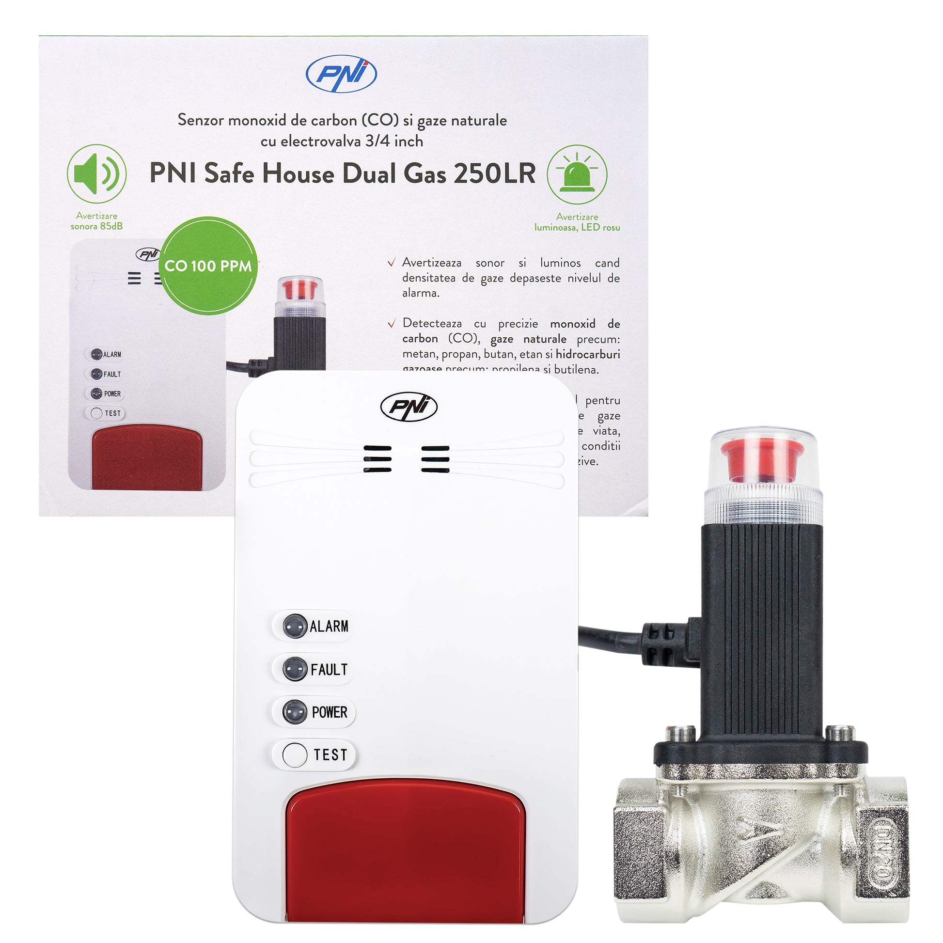 Kit senzor gaz si electrovalva PNI Safe House Dual Gas 250LR cu 2 senzori monoxid de carbon (CO) si gaze naturale si electrovalva 3/4 inch