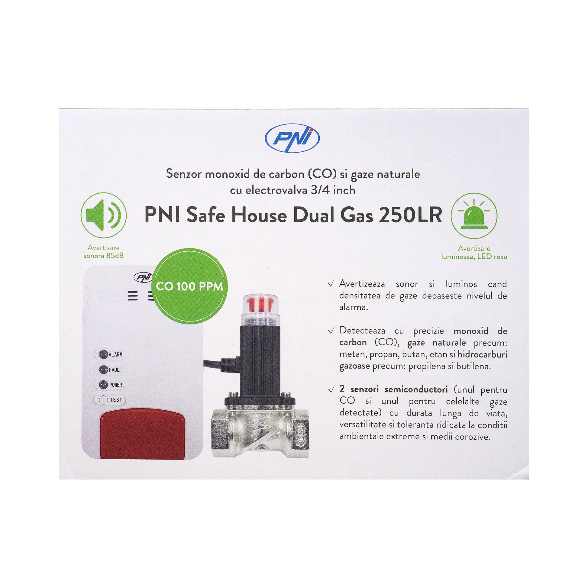 Kit senzor gaz si electrovalva PNI Safe House Dual Gas 250LR cu 2 senzori monoxid de carbon (CO) si gaze naturale si electrovalva 3/4 inch