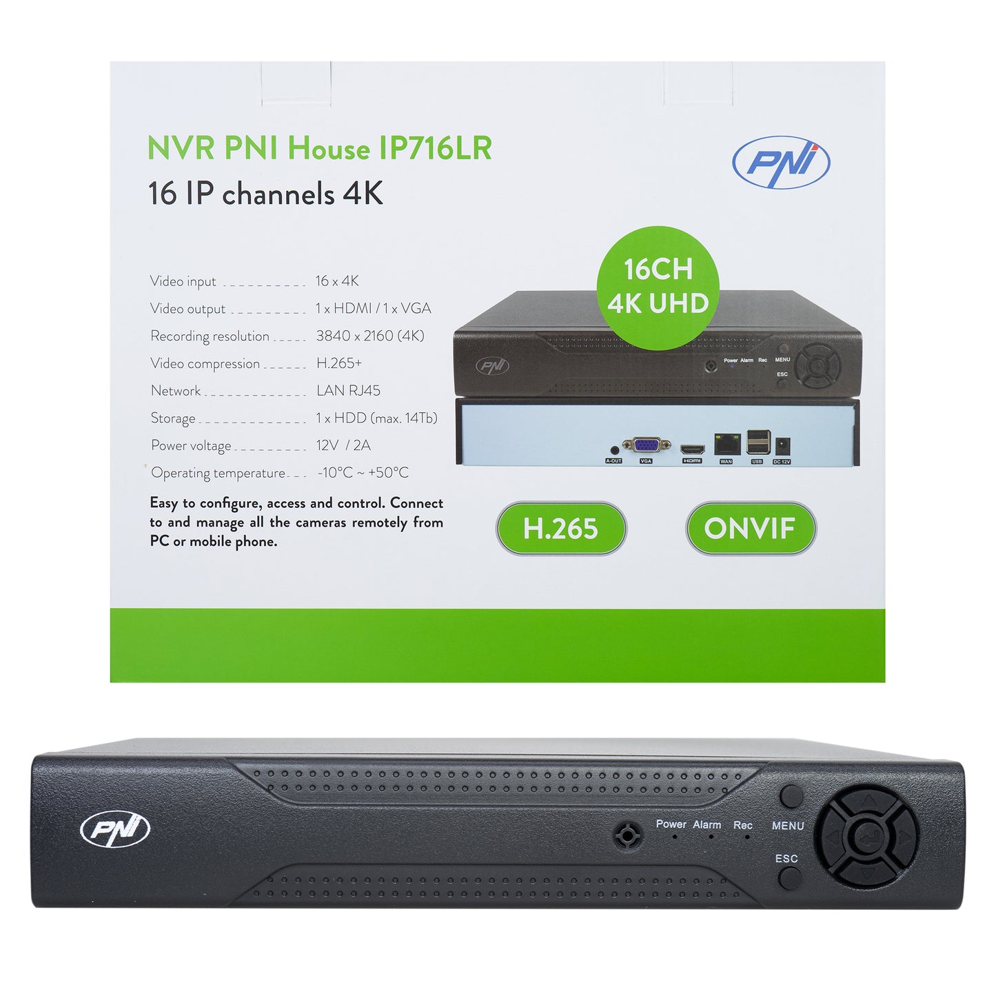 NVR PNI House IP716LR, 16 canale IP 4K, H.265, ONVIF