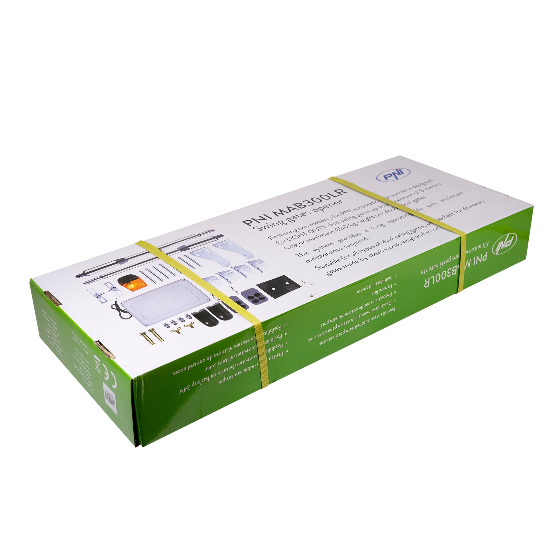 Kit automatizare porti batante PNI MAB300LR, cu 2 motoare 40W, telecomenzi si panou de control, fotocelule si lampa, lungime poarta 2 x 2.5m max, greutate poarta 200Kg