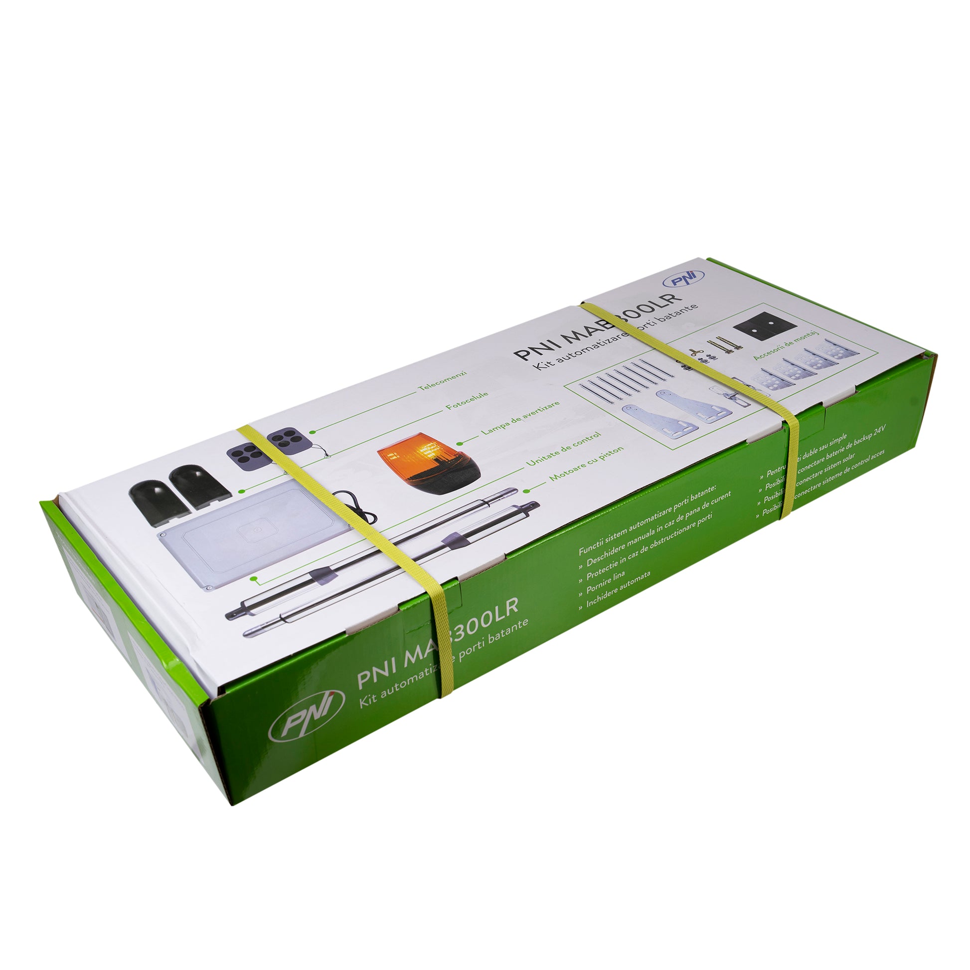 Kit automatizare porti batante PNI MAB300LR, cu 2 motoare 40W, telecomenzi si panou de control, fotocelule si lampa, lungime poarta 2 x 2.5m max, greutate poarta 200Kg