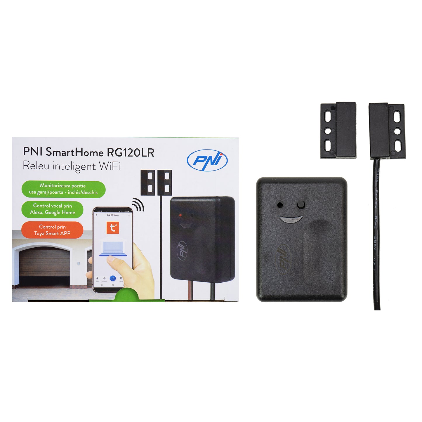 Releu inteligent PNI SmartHome RG120LR WiFi pentru comanda deschidere usa garaj/poarta monitorizata prin internet cu App Tuya Smart, compatibil Amazon Alexa si Google Home