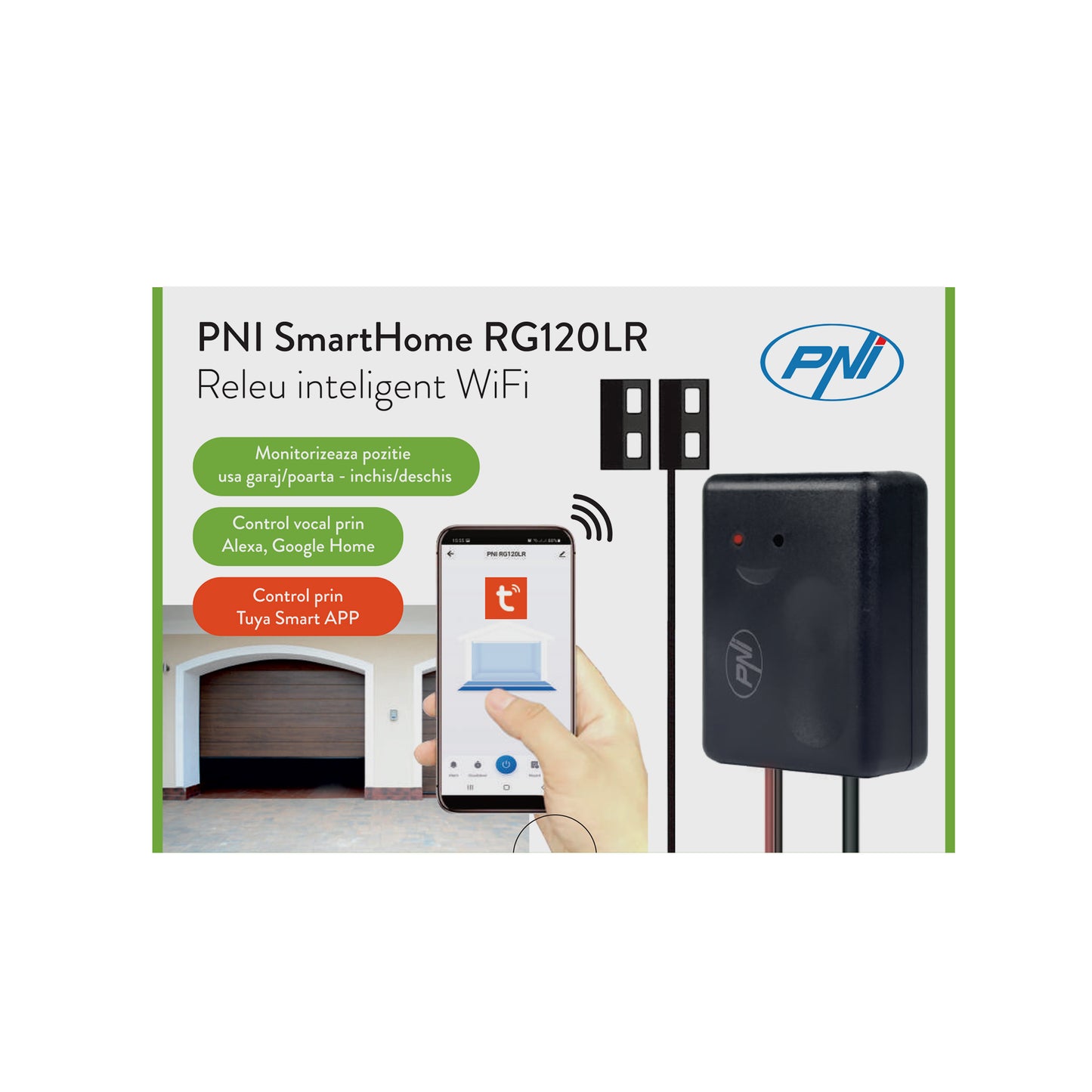 Releu inteligent PNI SmartHome RG120LR WiFi pentru comanda deschidere usa garaj/poarta monitorizata prin internet cu App Tuya Smart, compatibil Amazon Alexa si Google Home