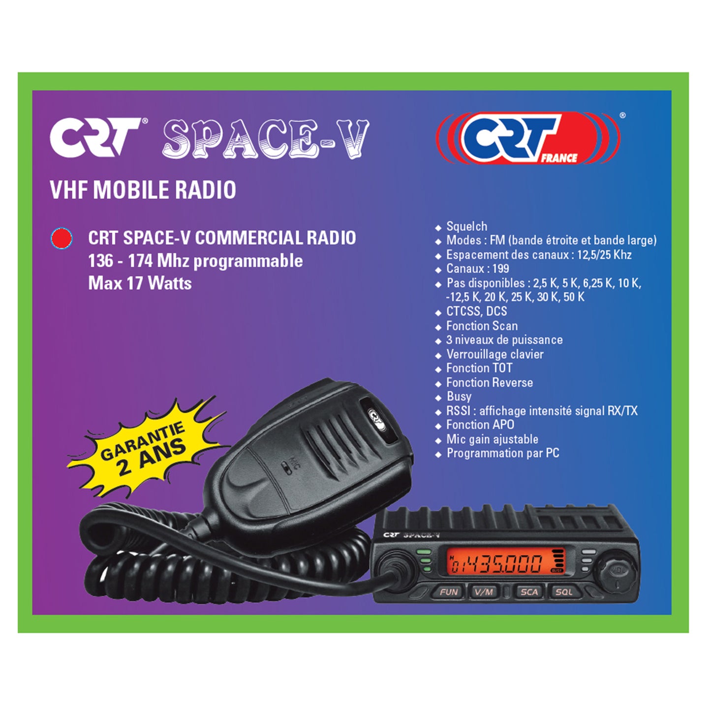 Statie radio VHF CRT SPACE V 136-174MHz, 199 canale, progamabila pe PC, 13.8 Vdc, Talk Around, Scan, Squelch, BCL, Mic Gain
