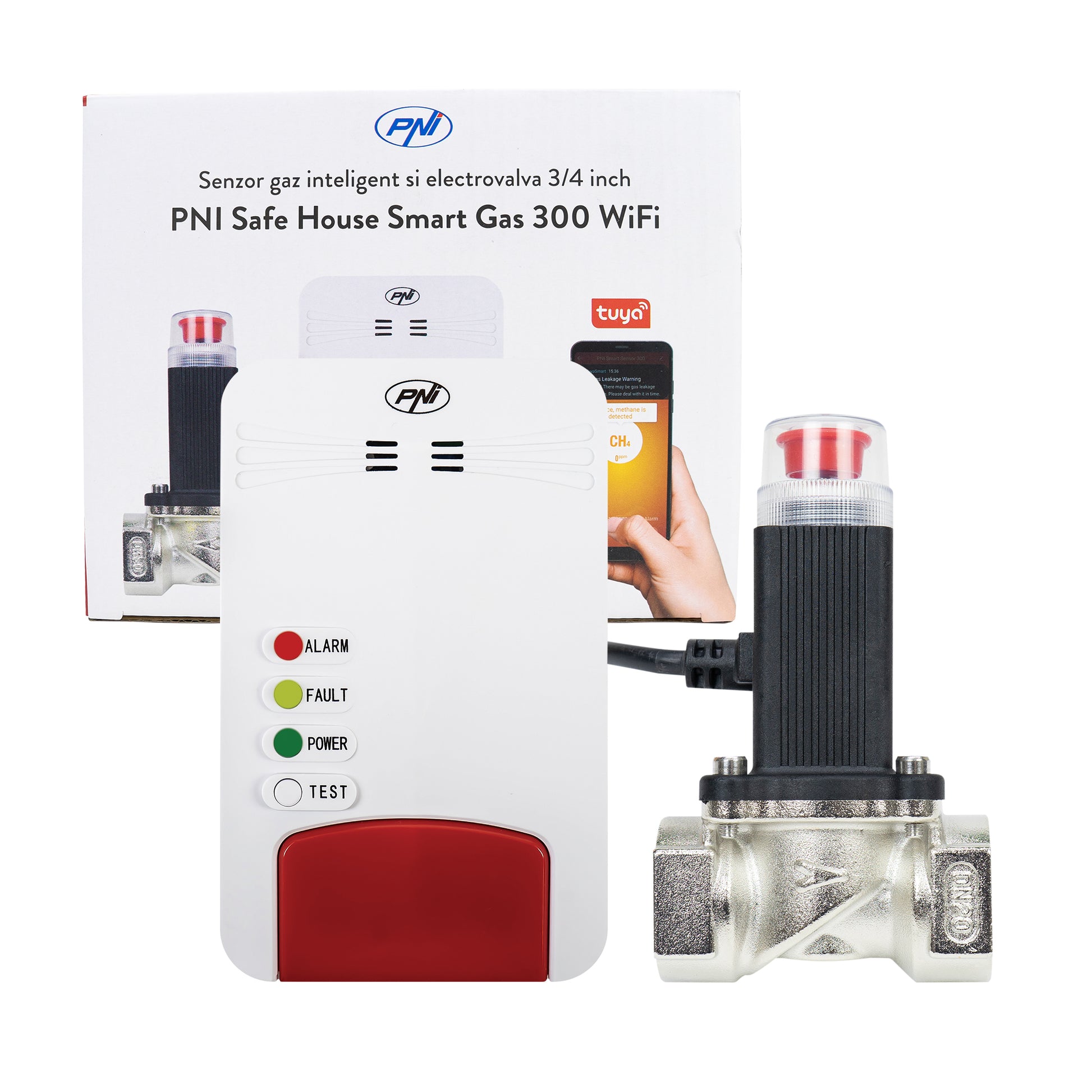Kit senzor gaz inteligent si electrovalva PNI Safe House Smart Gas 300 WiFi cu alertare sonora, aplicatie de mobil Tuya Smart,  integrare in scenarii si automatizari smart cu alte produse compatibile Tuya