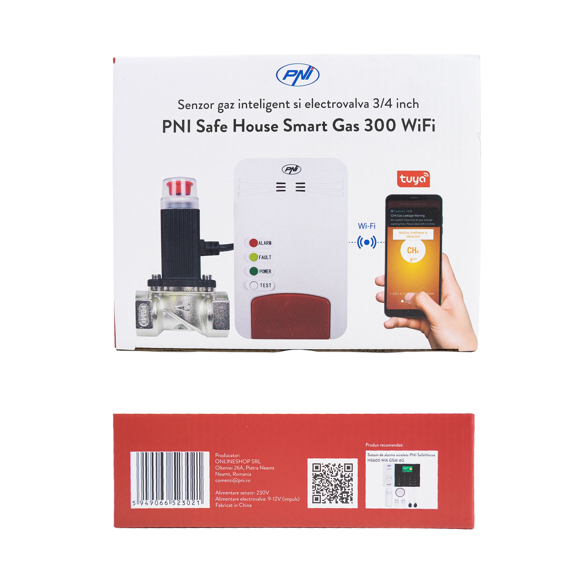Kit senzor gaz inteligent si electrovalva PNI Safe House Smart Gas 300 WiFi cu alertare sonora, aplicatie de mobil Tuya Smart,  integrare in scenarii si automatizari smart cu alte produse compatibile Tuya