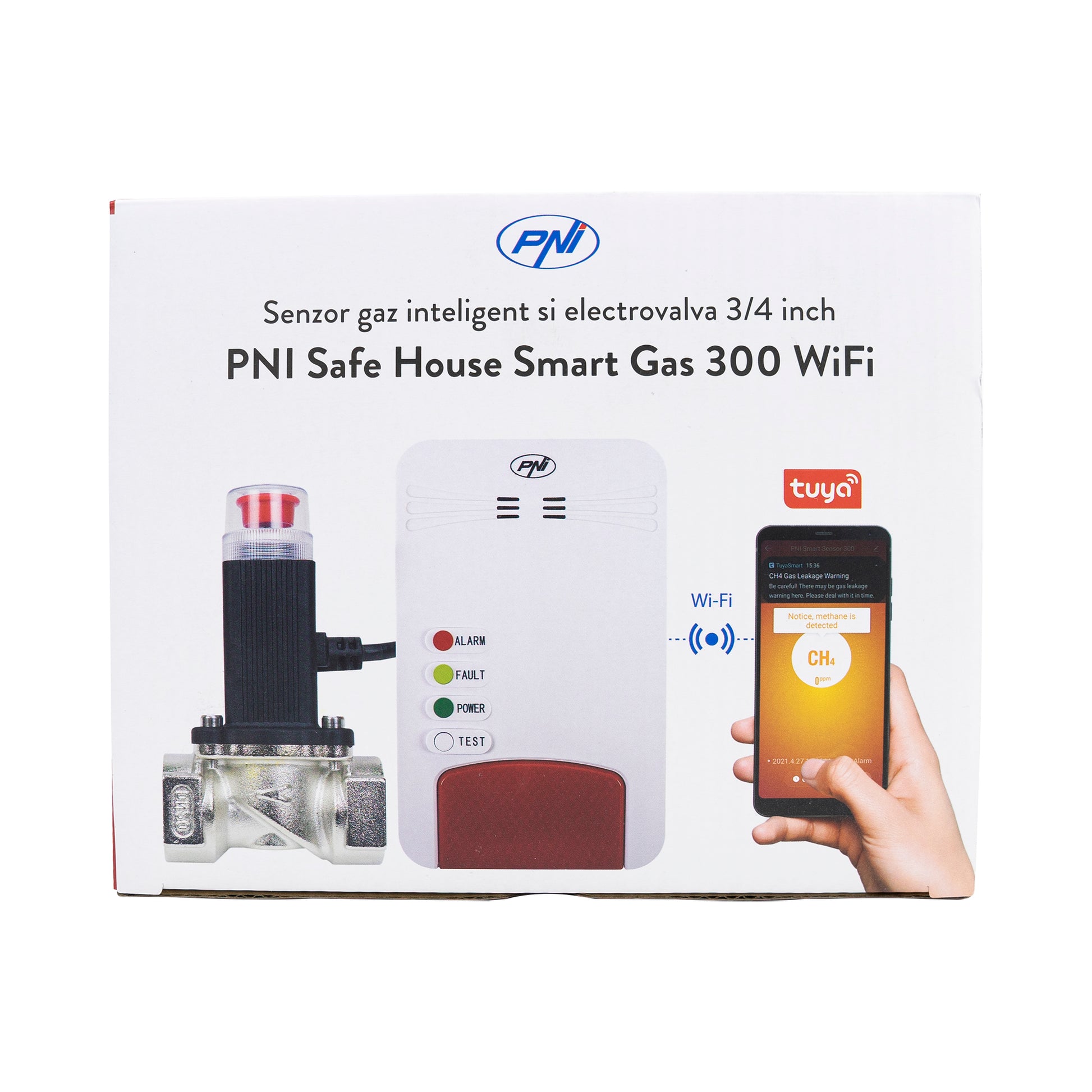 Kit senzor gaz inteligent si electrovalva PNI Safe House Smart Gas 300 WiFi cu alertare sonora, aplicatie de mobil Tuya Smart,  integrare in scenarii si automatizari smart cu alte produse compatibile Tuya