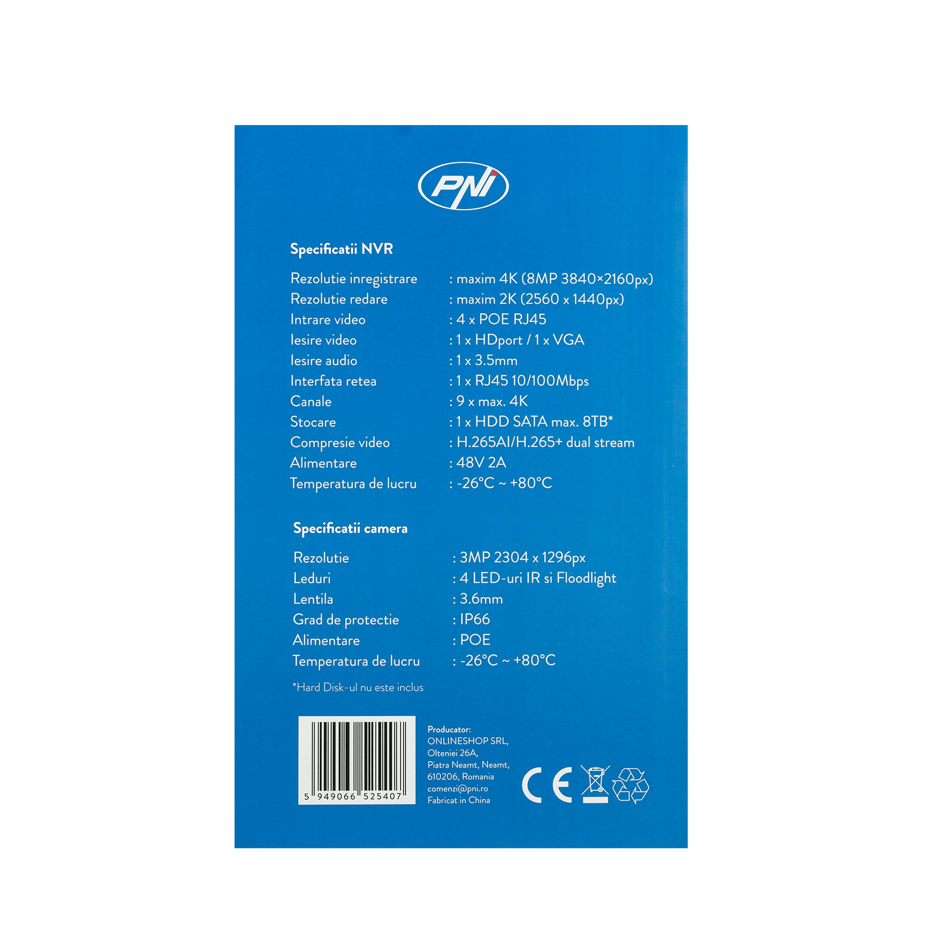 Kit supraveghere video PNI House IPMAX POE 3, NVR cu 4 porturi POE, ONVIF si 4 camere cu IP 3MP, de exterior, Power over Ethernet, detectie chip, detectie miscare, 4 cabluri, alimentator, mouse