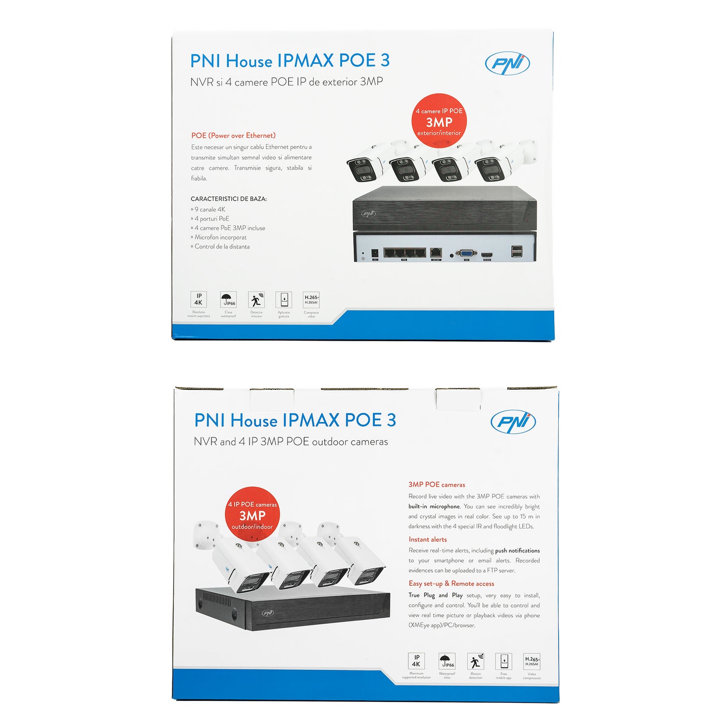 Kit supraveghere video PNI House IPMAX POE 3, NVR cu 4 porturi POE, ONVIF si 4 camere cu IP 3MP, de exterior, Power over Ethernet, detectie chip, detectie miscare, 4 cabluri, alimentator, mouse