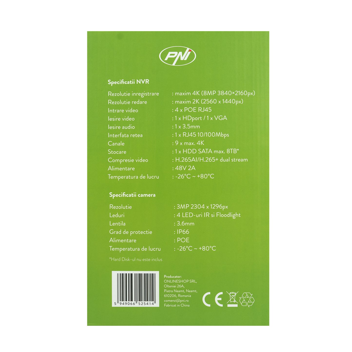 Kit supraveghere video PNI House IPMAX POE 3LR, NVR cu 4 porturi POE si 10 in retea, ONVIF si 4 camere cu IP 3MP, de exterior, Power over Ethernet, detectie chip, detectie miscare, 4 cabluri, alimentator, mouse