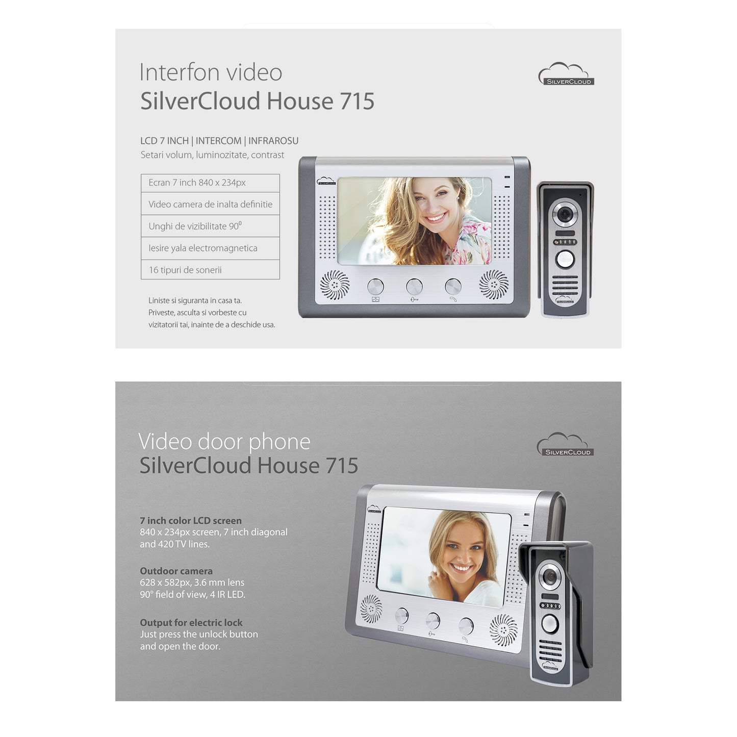 Interfon video SilverCloud House 715, ecran LCD 7 inch, camera de exterior, night vision, iesire yala electromagnetica