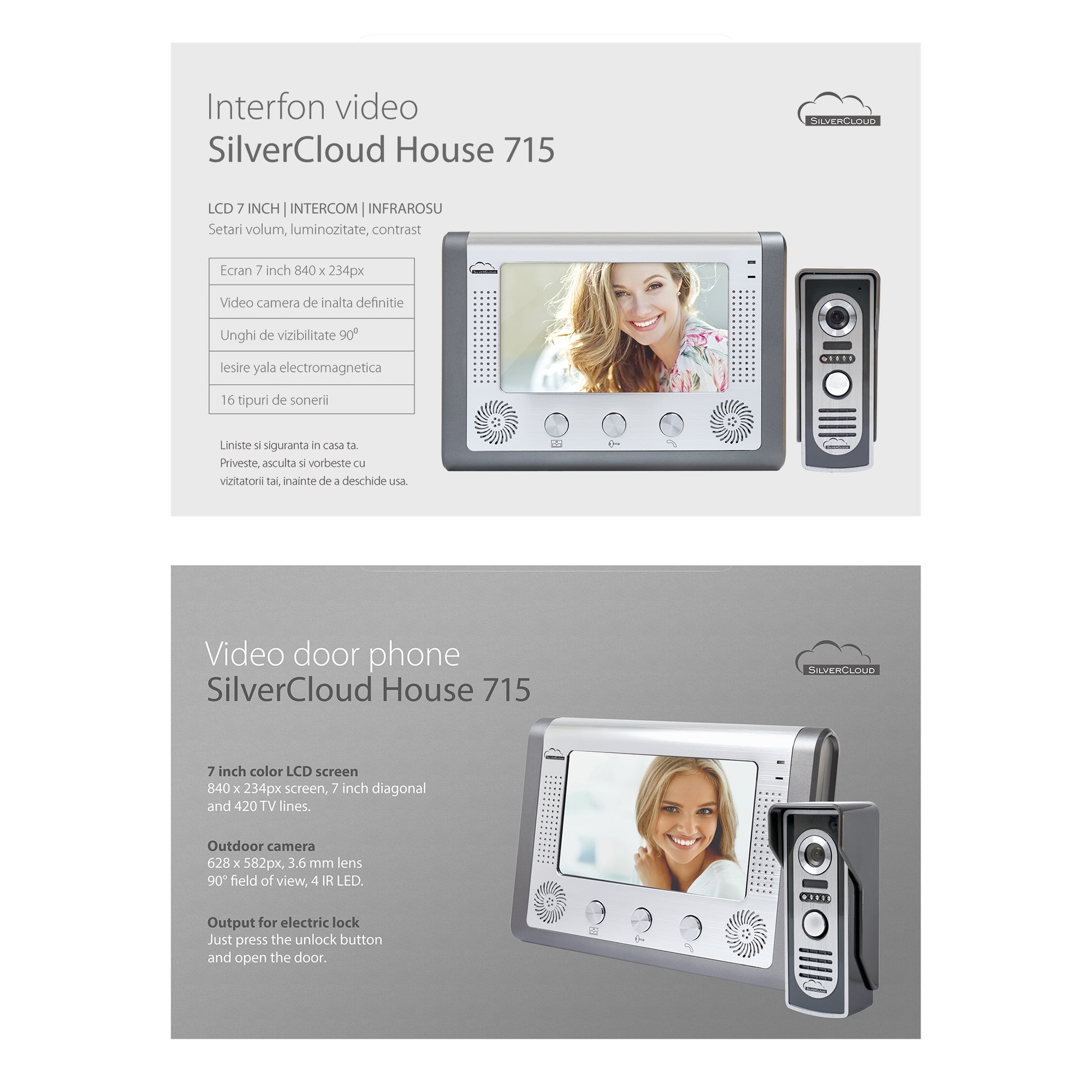 Interfon video SilverCloud House 715, ecran LCD 7 inch, camera de exterior, night vision, iesire yala electromagnetica