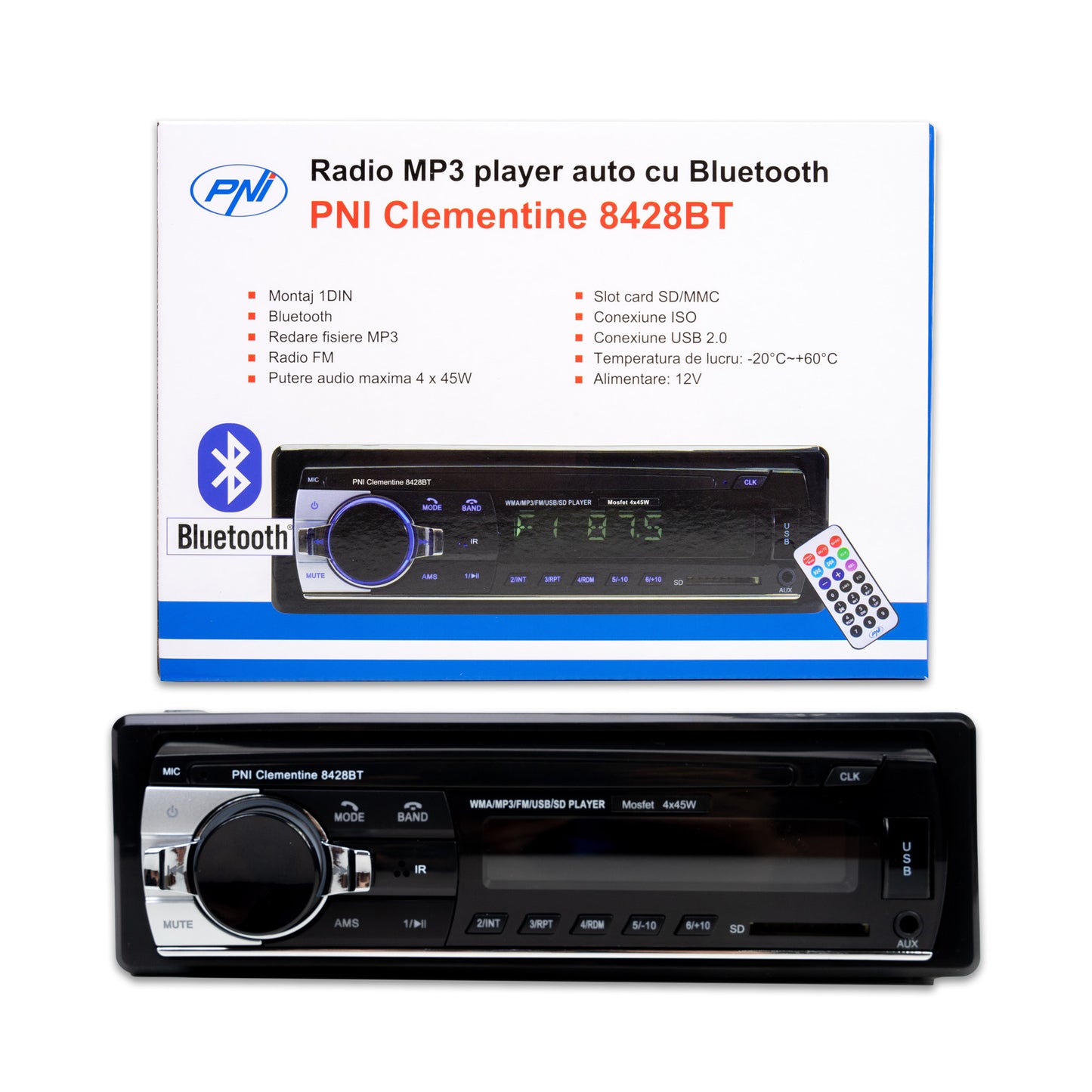 Radio MP3 player auto PNI Clementine 8428BT 4x45w 1 DIN cu SD, USB, AUX, RCA si Bluetooth