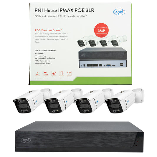 Pachet Kit supraveghere video PNI House IPMAX POE 3LR, NVR cu 4 porturi POE, ONVIF si 4 camere cu IP 3MP, de exterior, Power over Ethernet, detectie chip, detectie miscare, 4 cabluri, alimentator, mouse cu HDD 1Tb Inclus