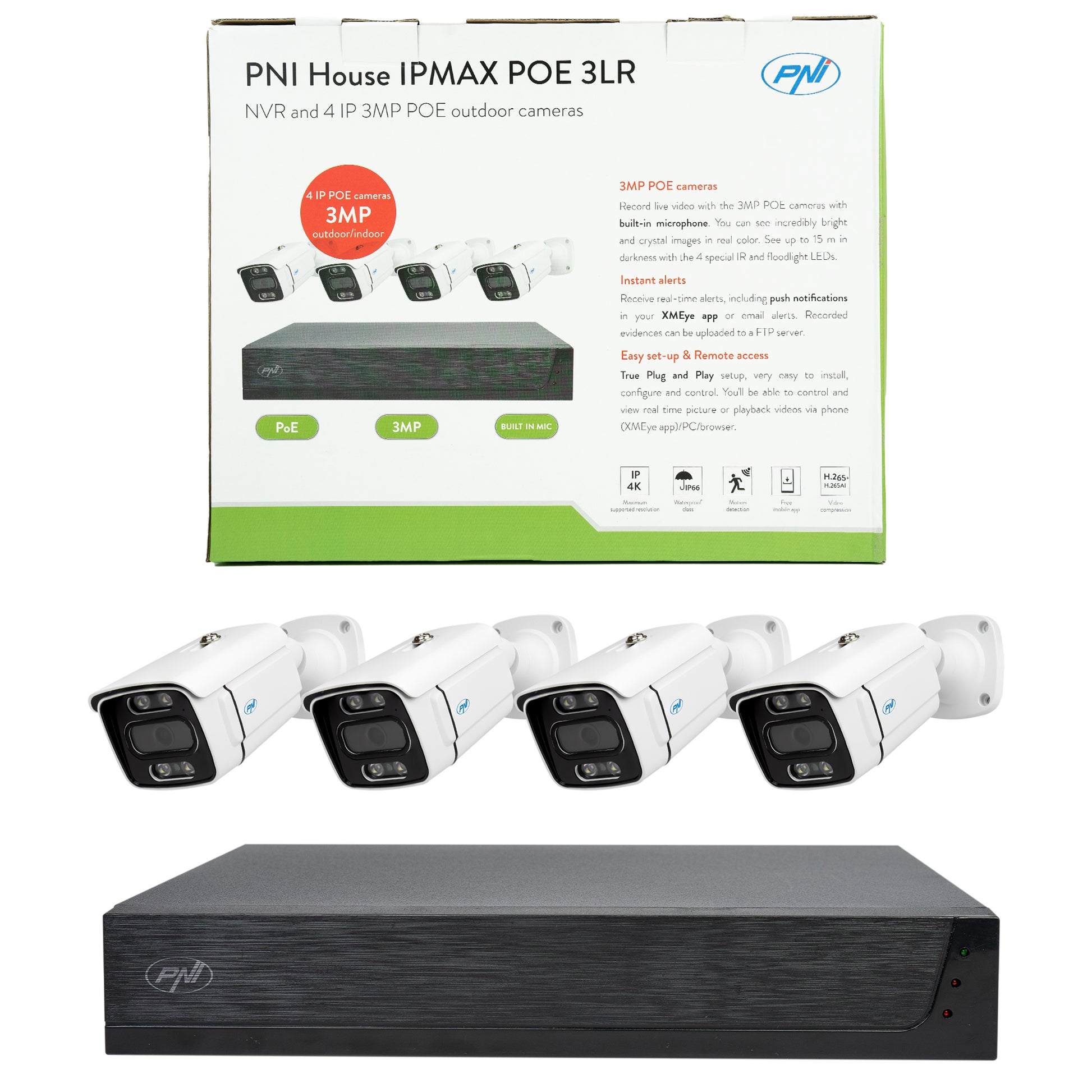 Pachet Kit supraveghere video PNI House IPMAX POE 3LR, NVR cu 4 porturi POE, ONVIF si 4 camere cu IP 3MP, de exterior, Power over Ethernet, detectie chip, detectie miscare, 4 cabluri, alimentator, mouse cu HDD 1Tb Inclus