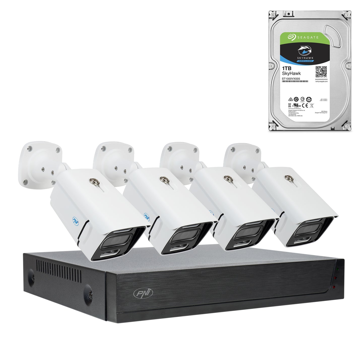 Pachet Kit supraveghere video PNI House IPMAX POE 3LR, NVR cu 4 porturi POE, ONVIF si 4 camere cu IP 3MP, de exterior, Power over Ethernet, detectie chip, detectie miscare, 4 cabluri, alimentator, mouse cu HDD 1Tb Inclus