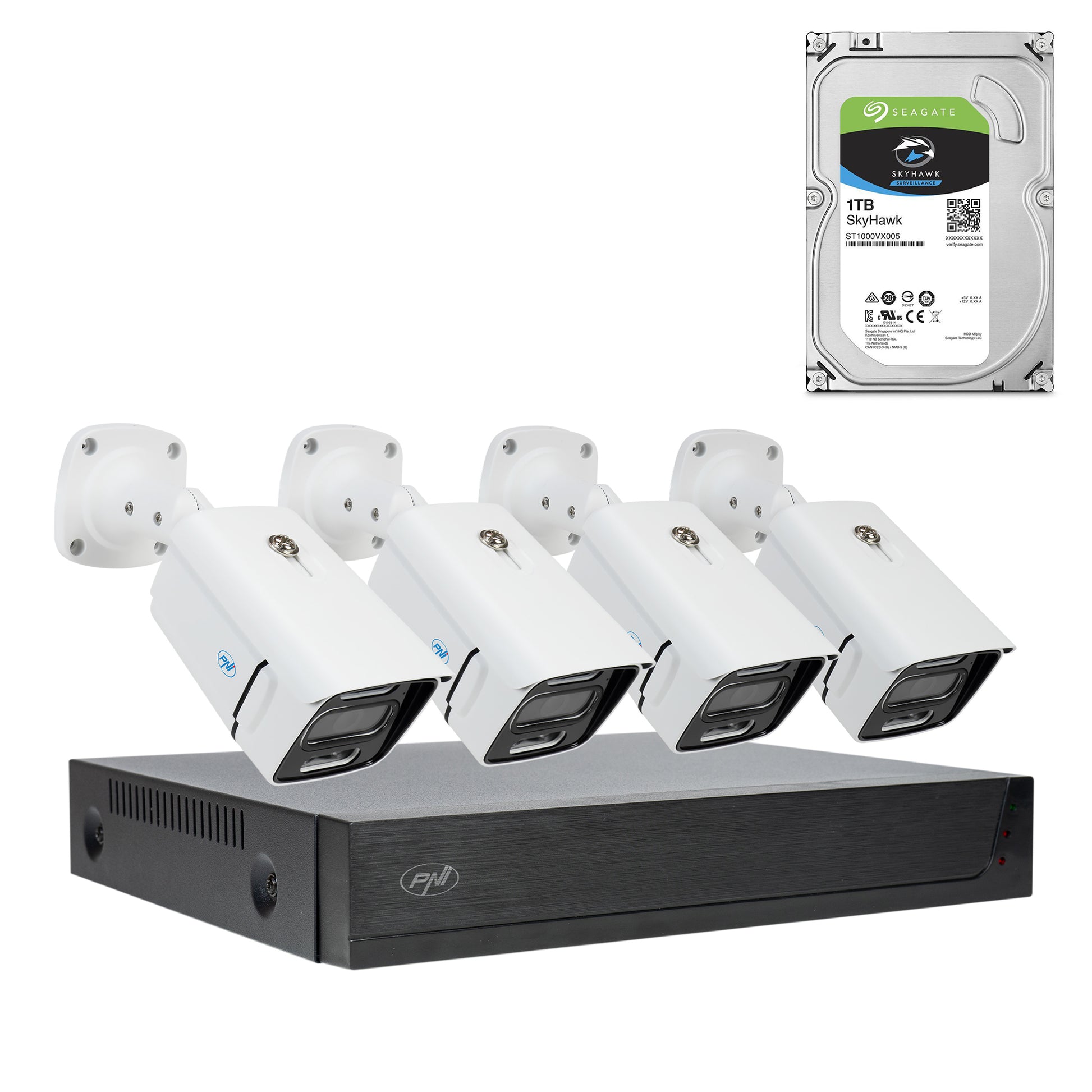 Pachet Kit supraveghere video PNI House IPMAX POE 3LR, NVR cu 4 porturi POE, ONVIF si 4 camere cu IP 3MP, de exterior, Power over Ethernet, detectie chip, detectie miscare, 4 cabluri, alimentator, mouse cu HDD 1Tb Inclus