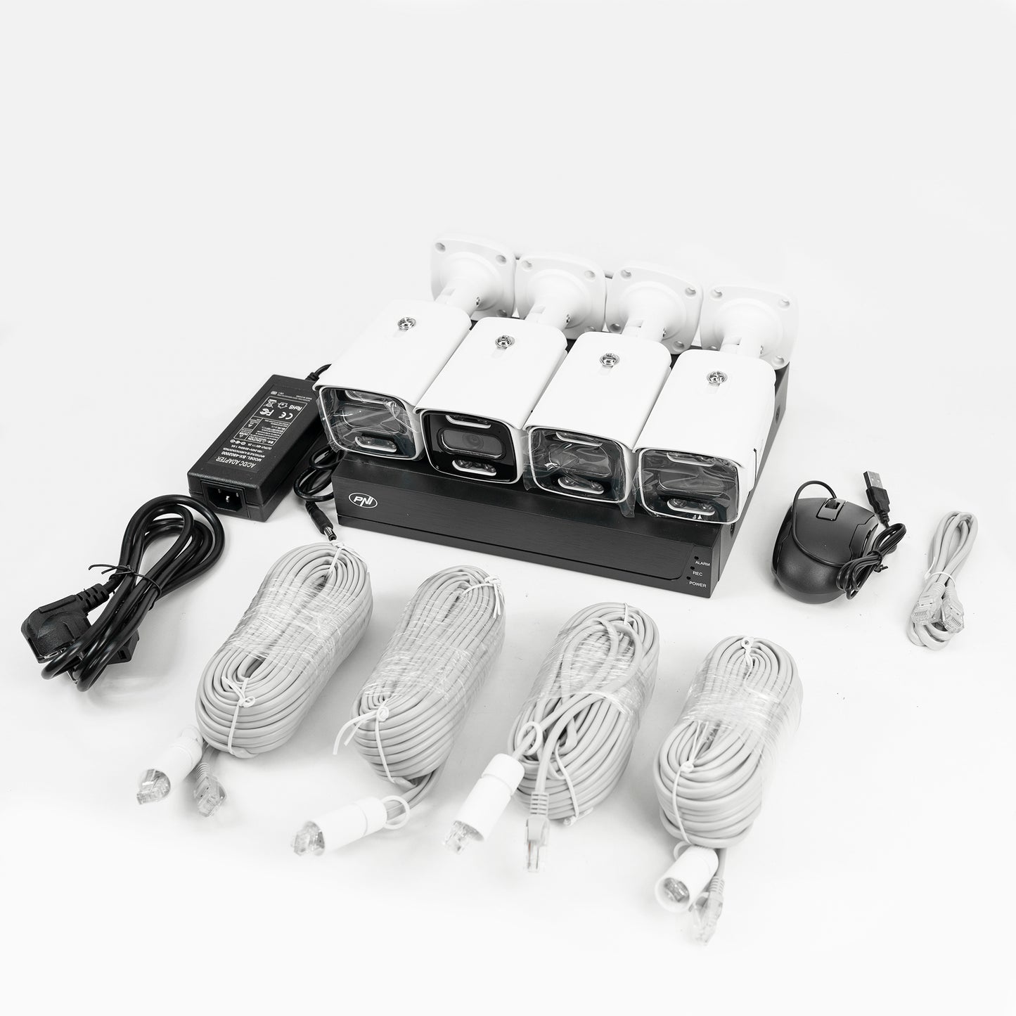 Pachet Kit supraveghere video PNI House IPMAX POE 3LR, NVR cu 4 porturi POE, ONVIF si 4 camere cu IP 3MP, de exterior, Power over Ethernet, detectie chip, detectie miscare, 4 cabluri, alimentator, mouse cu HDD 1Tb Inclus