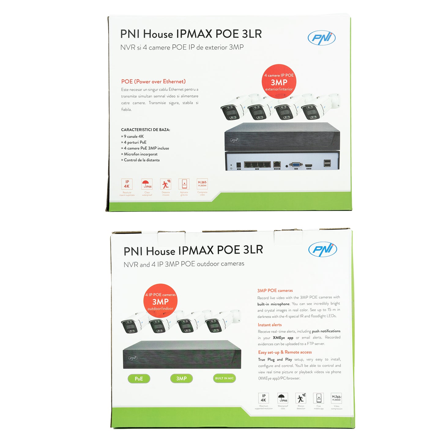 Pachet Kit supraveghere video PNI House IPMAX POE 3LR, NVR cu 4 porturi POE, ONVIF si 4 camere cu IP 3MP, de exterior, Power over Ethernet, detectie chip, detectie miscare, 4 cabluri, alimentator, mouse cu HDD 1Tb Inclus