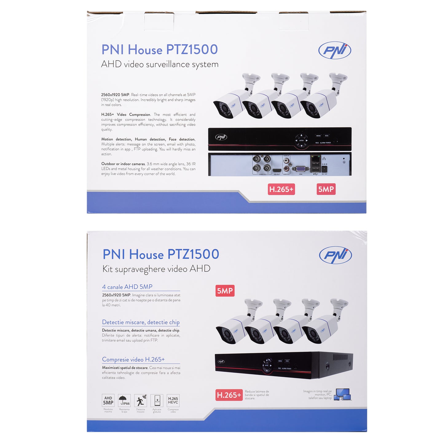 Pachet Kit supraveghere video AHD PNI House PTZ1500 5MP - DVR si 4 camere exterior si HDD 1Tb Inclus