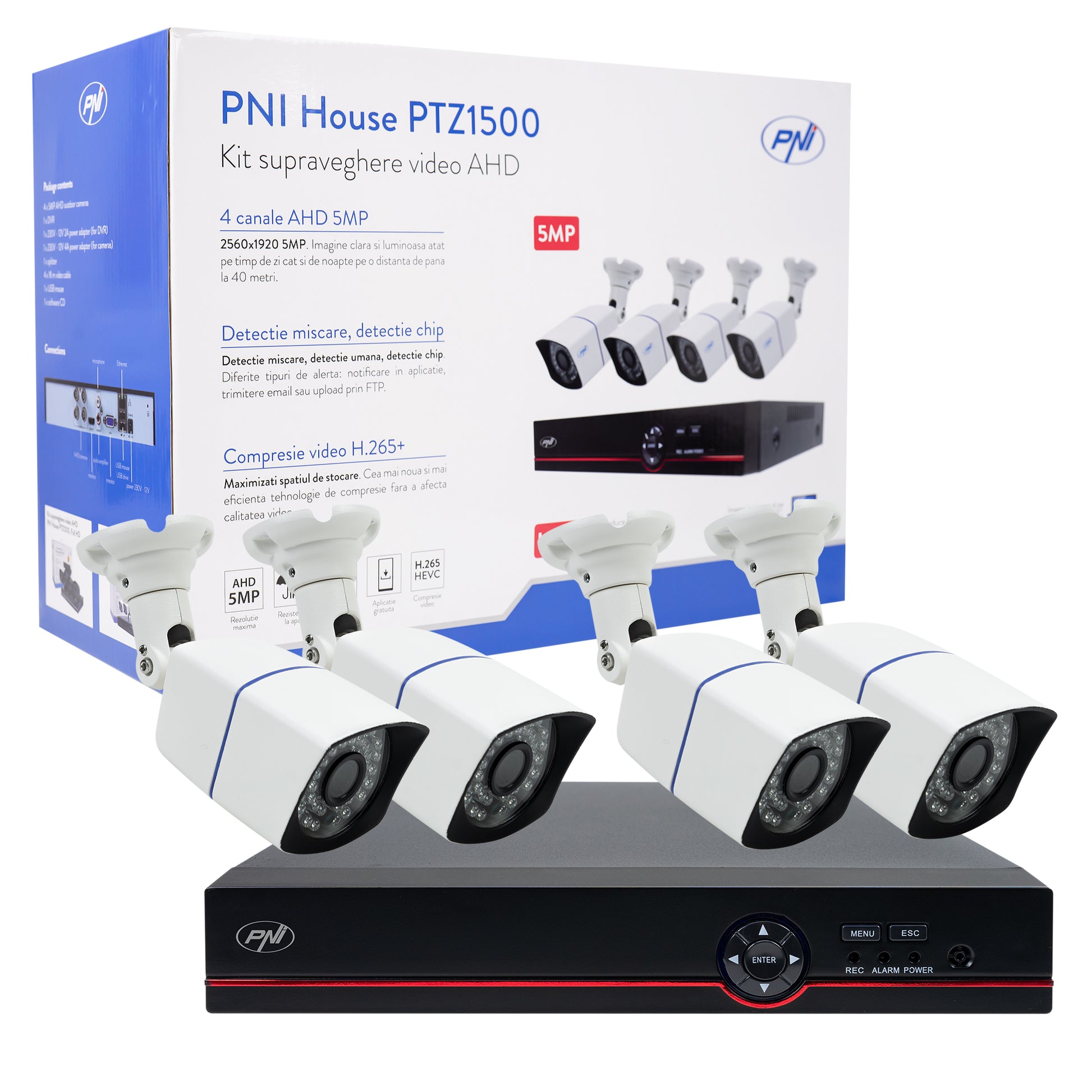 Pachet Kit supraveghere video AHD PNI House PTZ1500 5MP - DVR si 4 camere exterior si HDD 1Tb Inclus