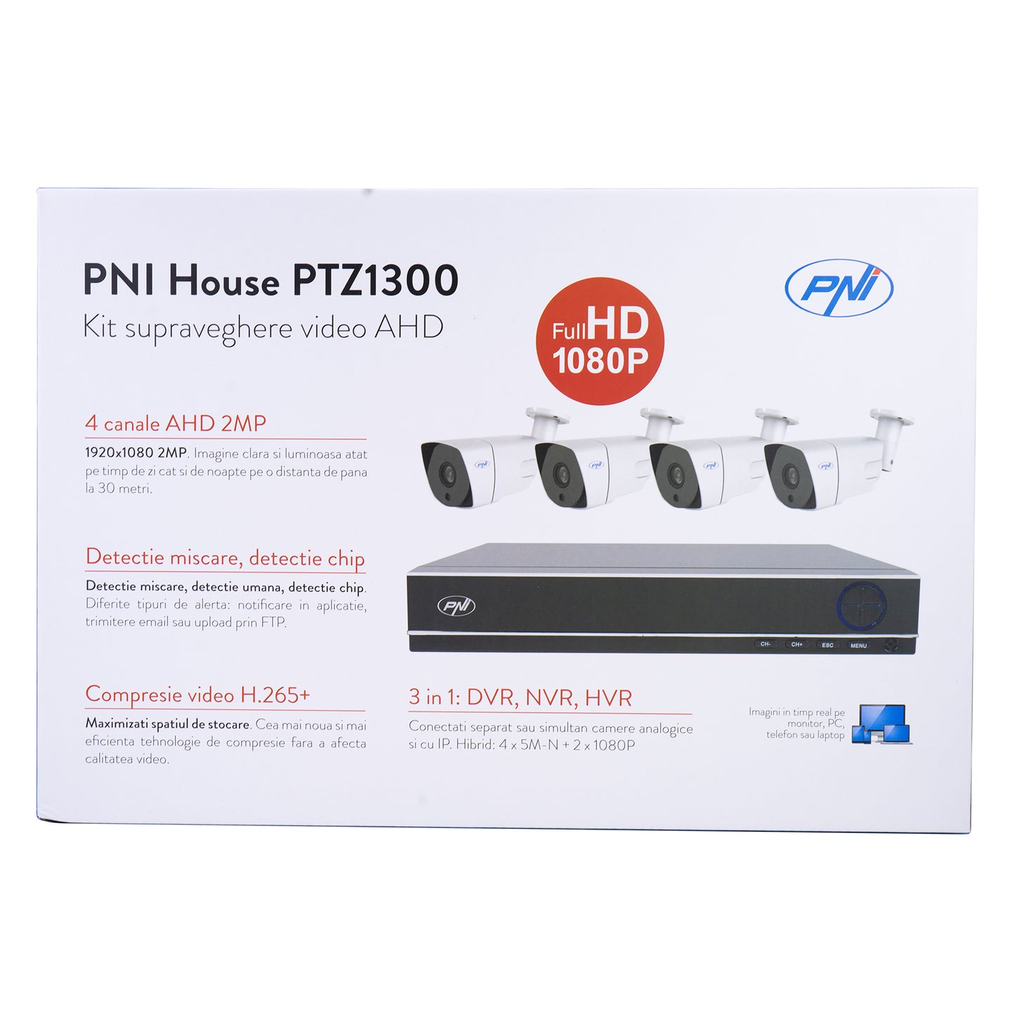 Pachet Kit supraveghere video AHD PNI House PTZ1300 Full HD - NVR si 4 camere exterior 2MP full HD 1080P cu HDD 1Tb inclus