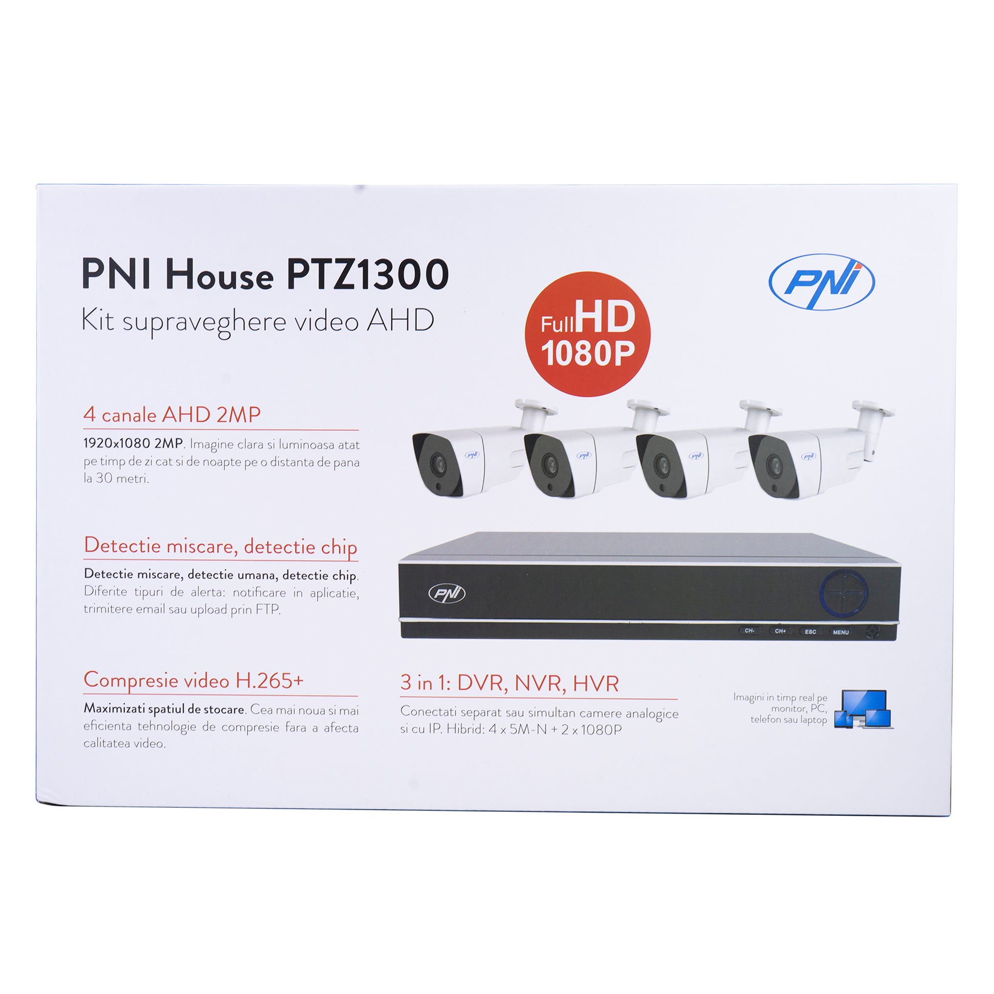 Pachet Kit supraveghere video AHD PNI House PTZ1300 Full HD - NVR si 4 camere exterior 2MP full HD 1080P cu HDD 1Tb inclus