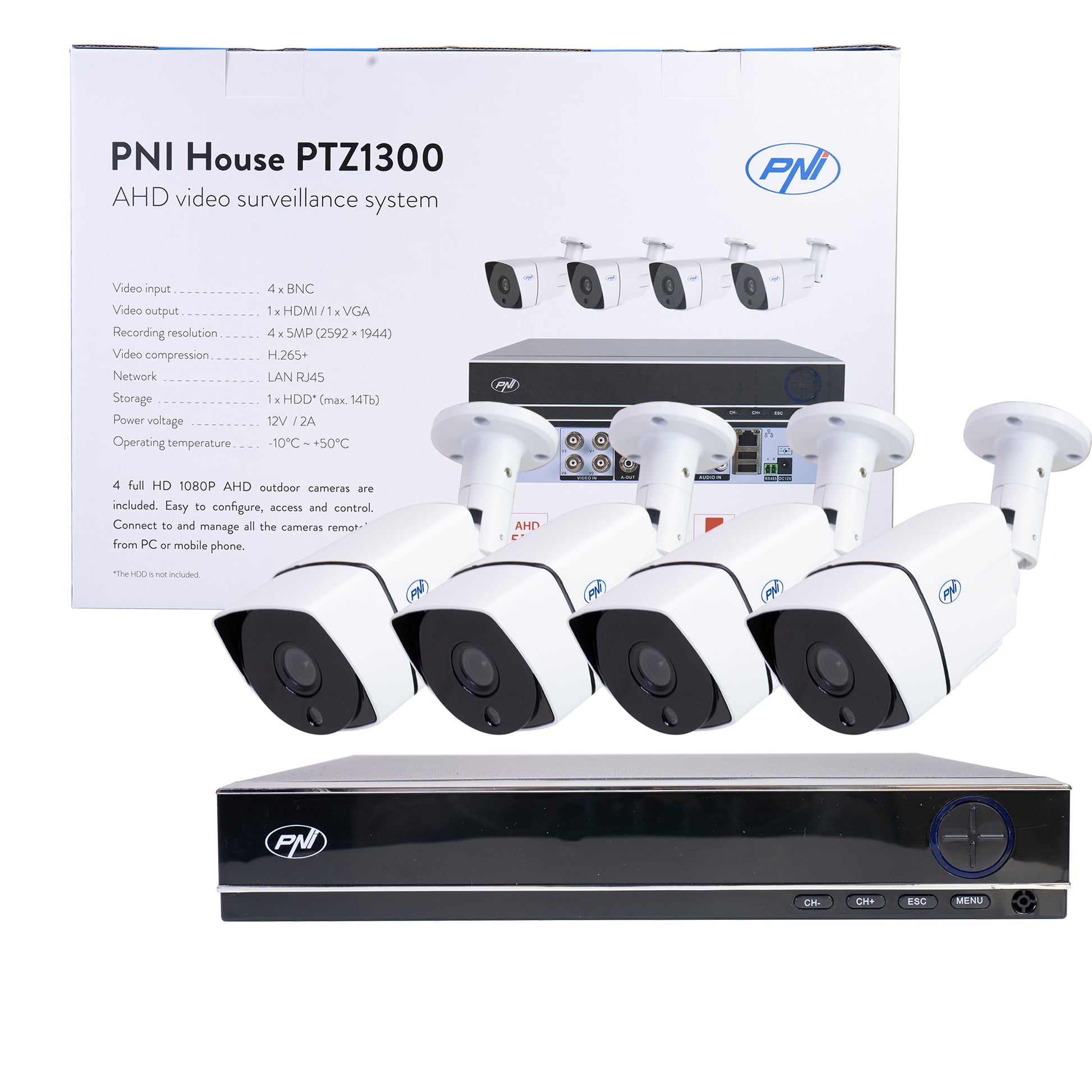 Pachet Kit supraveghere video AHD PNI House PTZ1300 Full HD - NVR si 4 camere exterior 2MP full HD 1080P cu HDD 1Tb inclus