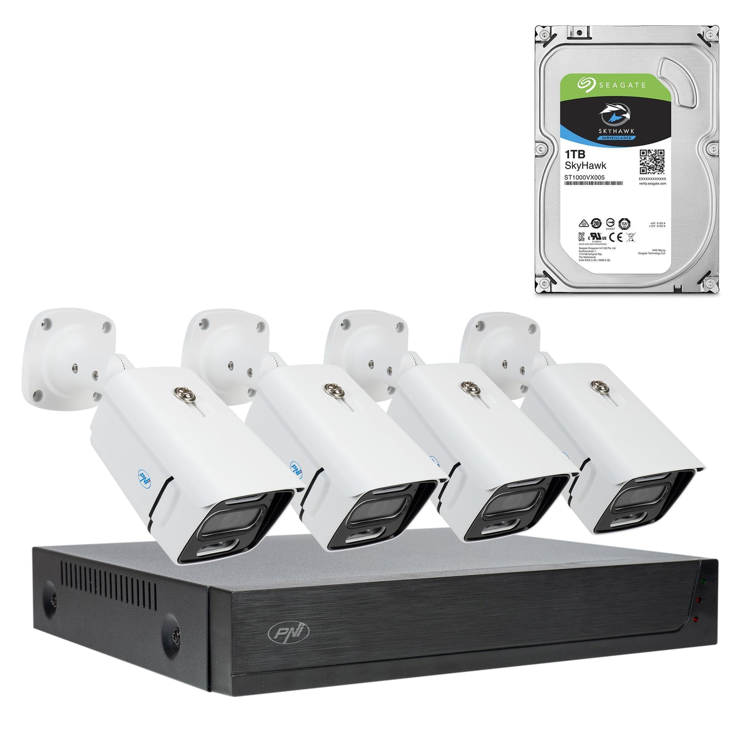 Pachet Kit supraveghere video PNI House IPMAX POE 3, NVR cu 4 porturi POE, ONVIF si 4 camere cu IP 3MP, de exterior, Power over Ethernet, detectie chip, detectie miscare, 4 cabluri, alimentator, mouse cu HDD 1Tb Inclus