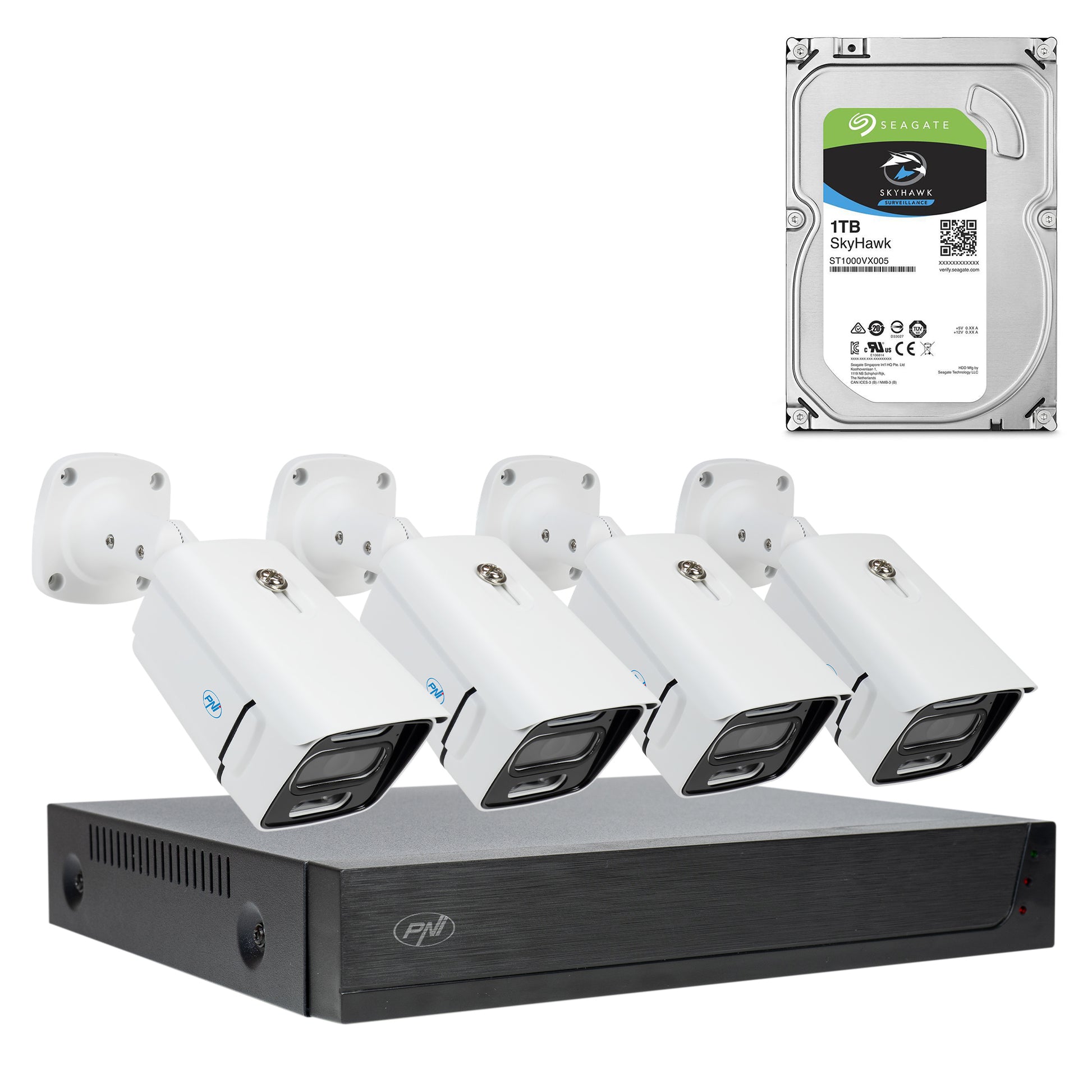 Pachet Kit supraveghere video PNI House IPMAX POE 3, NVR cu 4 porturi POE, ONVIF si 4 camere cu IP 3MP, de exterior, Power over Ethernet, detectie chip, detectie miscare, 4 cabluri, alimentator, mouse cu HDD 1Tb Inclus