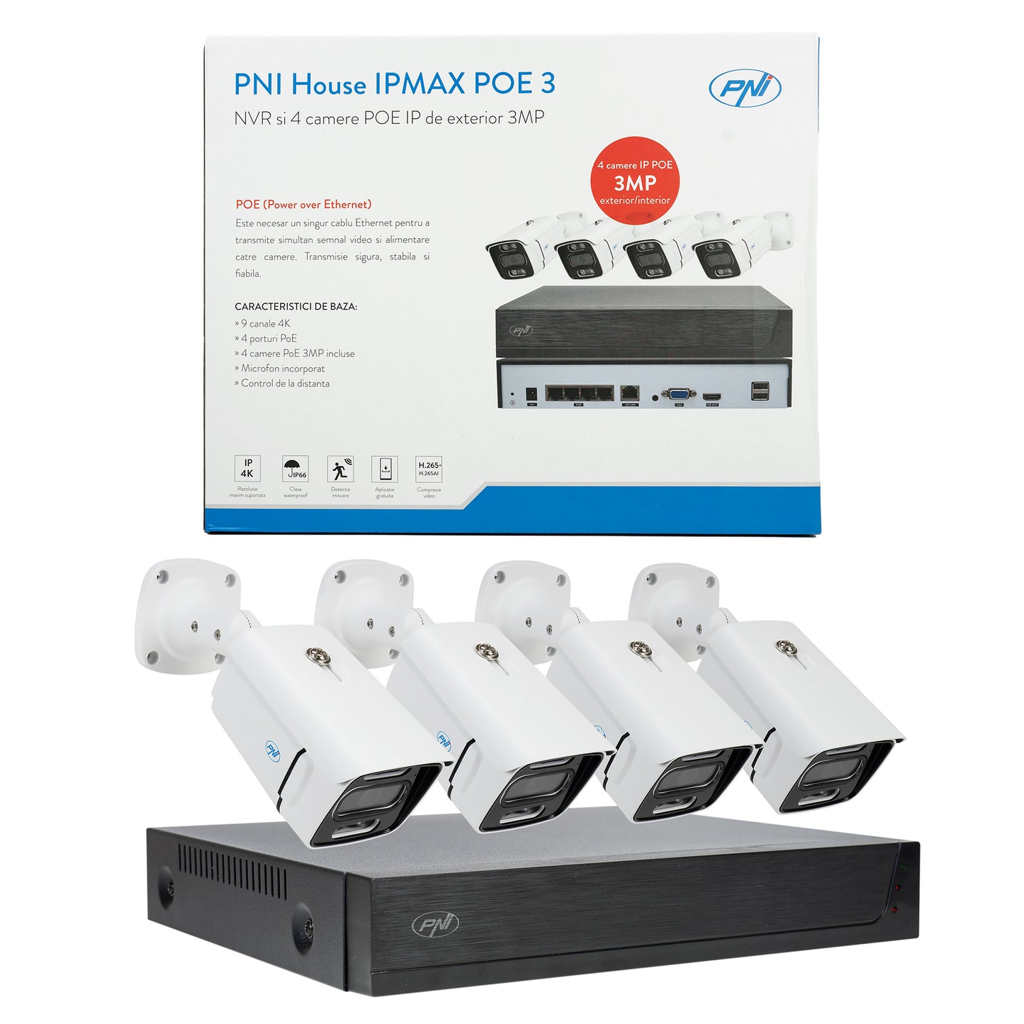 Pachet Kit supraveghere video PNI House IPMAX POE 3, NVR cu 4 porturi POE, ONVIF si 4 camere cu IP 3MP, de exterior, Power over Ethernet, detectie chip, detectie miscare, 4 cabluri, alimentator, mouse cu HDD 1Tb Inclus